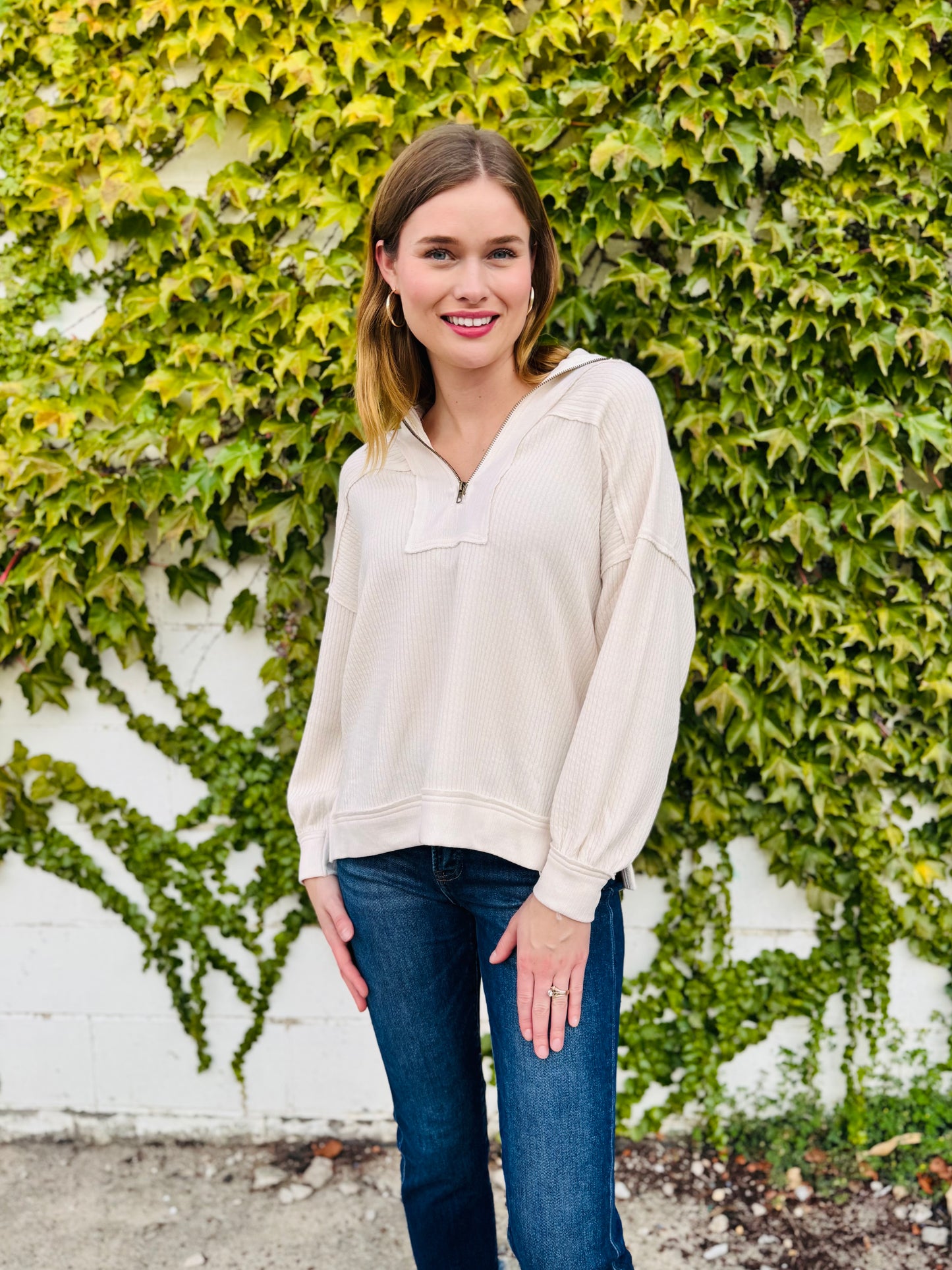 Half Zip Collared Long Sleeve Waffle Knit Top