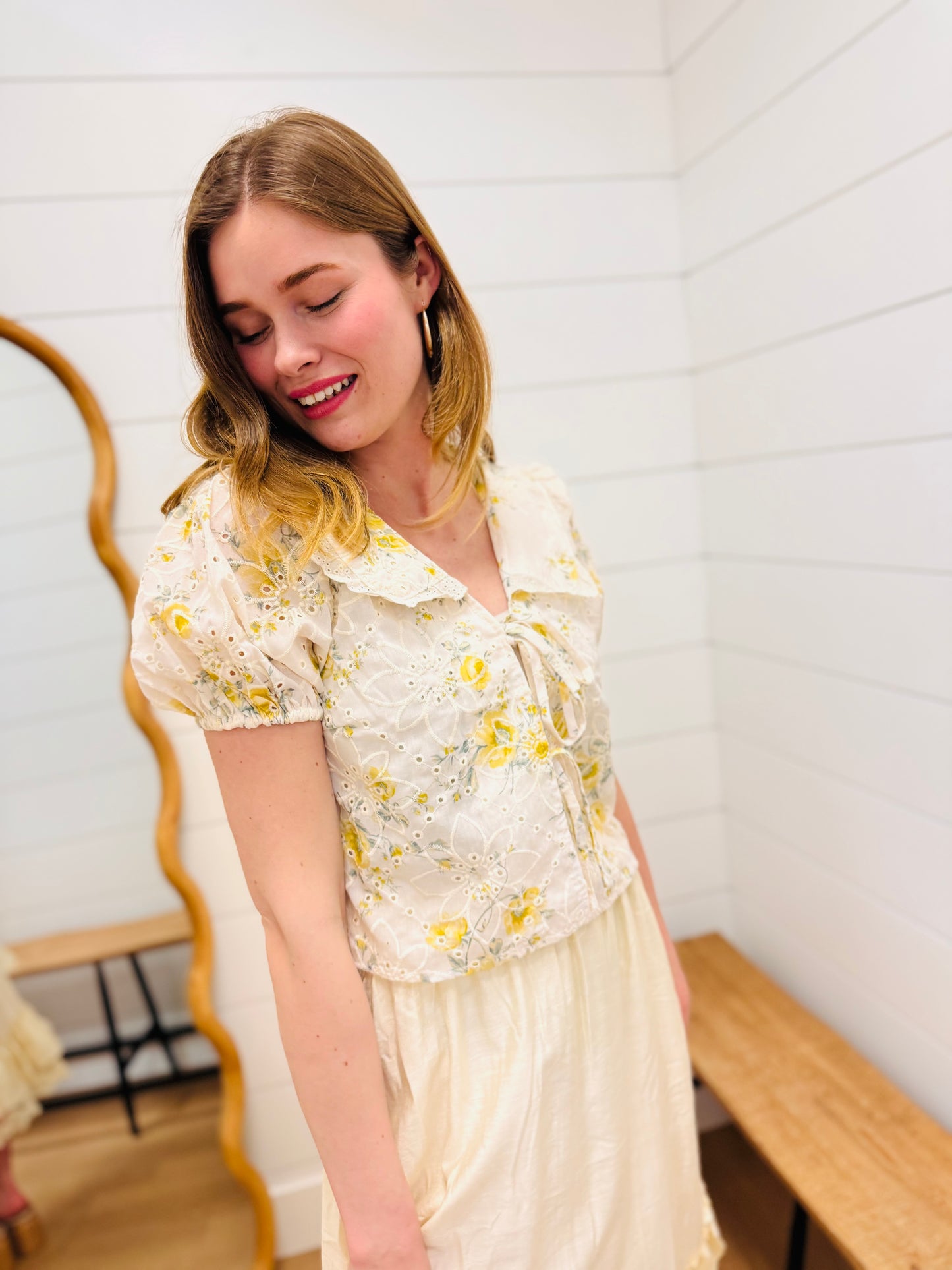 Floral Eyelet Pattern Collared Front Tie Blouse