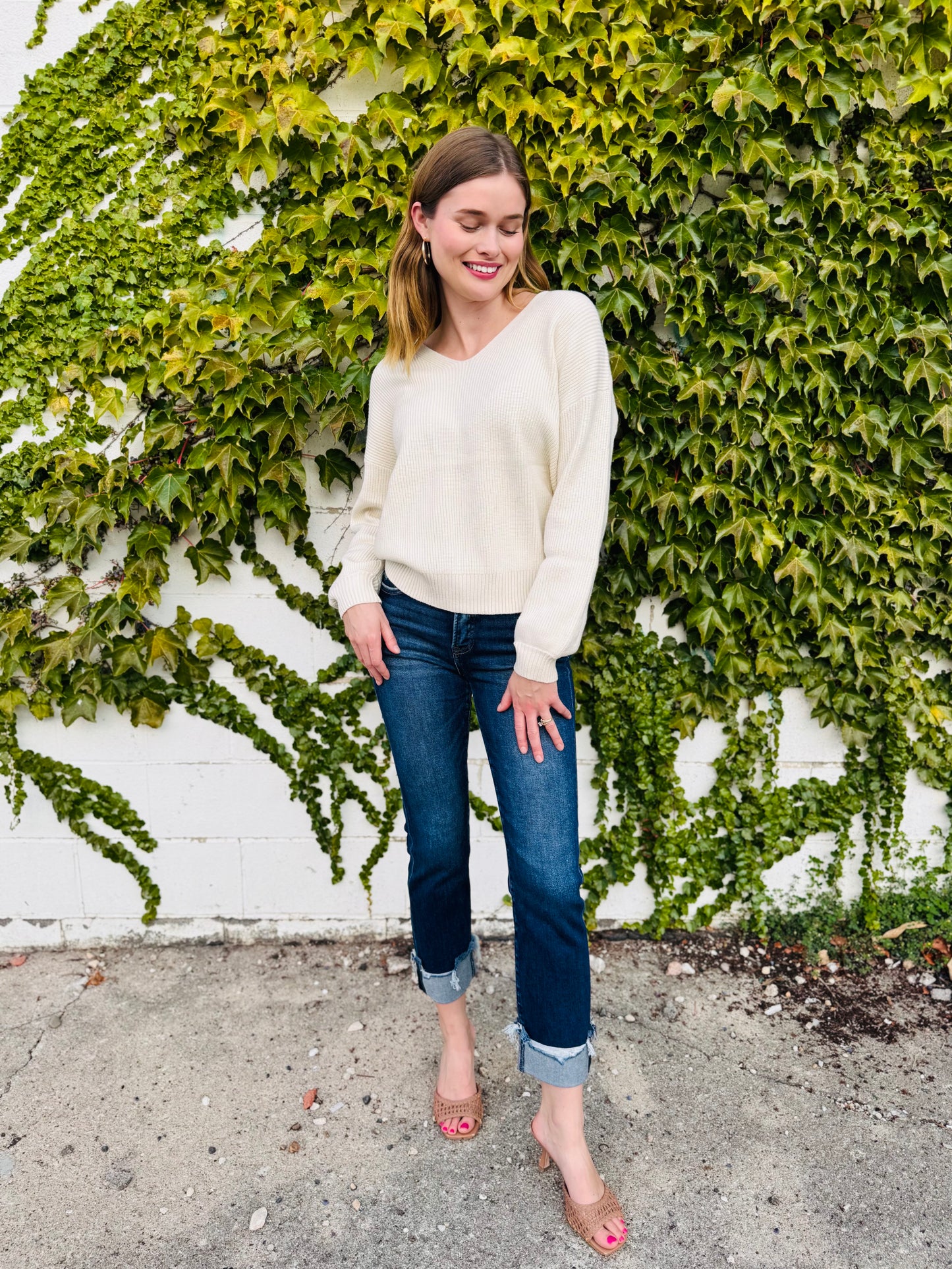 V Neck Drop Shoulder Back Bow Tie Detail Sweater