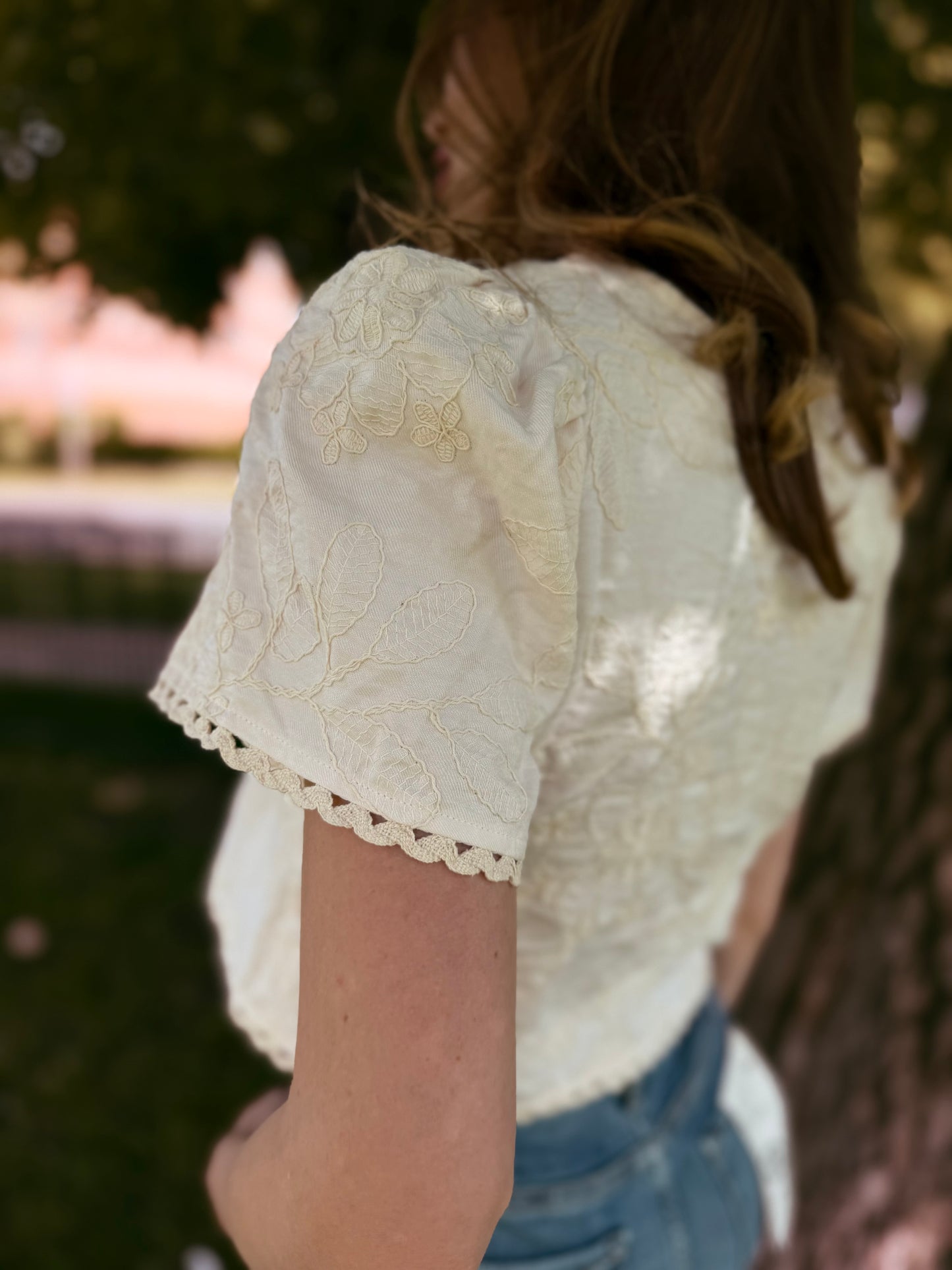 Embroidered Pattern Front Tie Wavy Trim Top