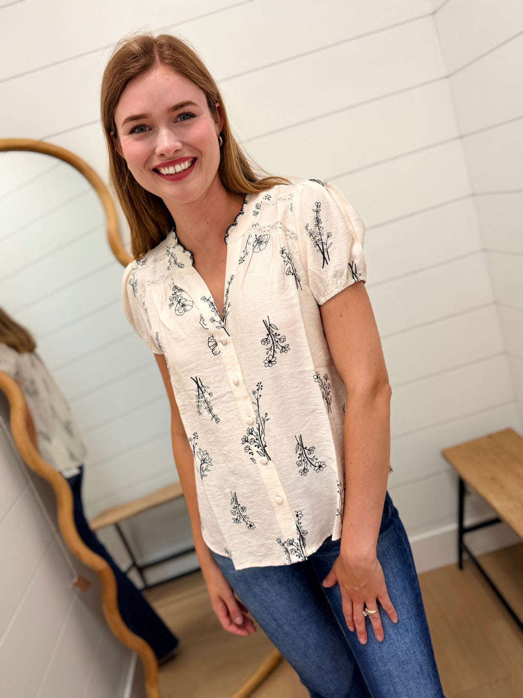 Floral Line Print Split Neck Button Down Linen Top