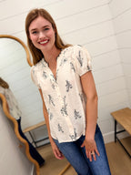 Floral Line Print Split Neck Button Down Linen Top