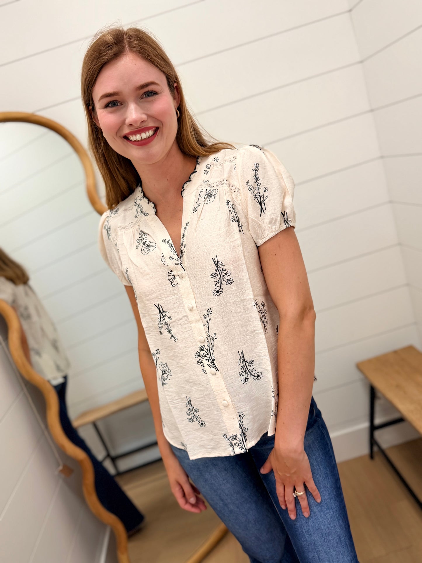 Floral Line Print Split Neck Button Down Linen Top