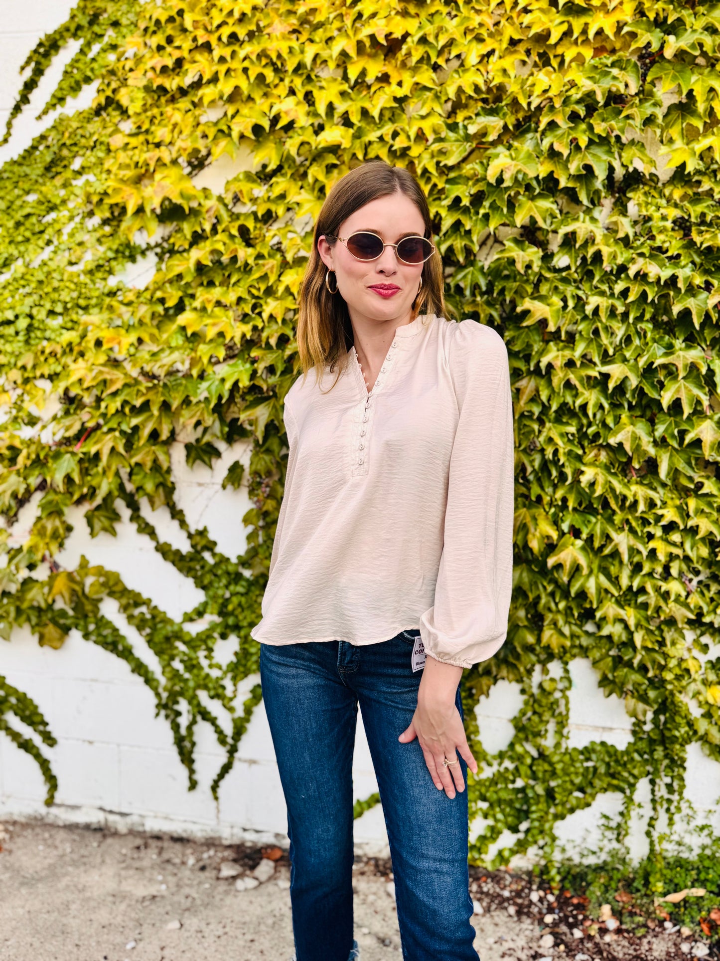 Textured Satin Half Button Long Sleeve Blouse