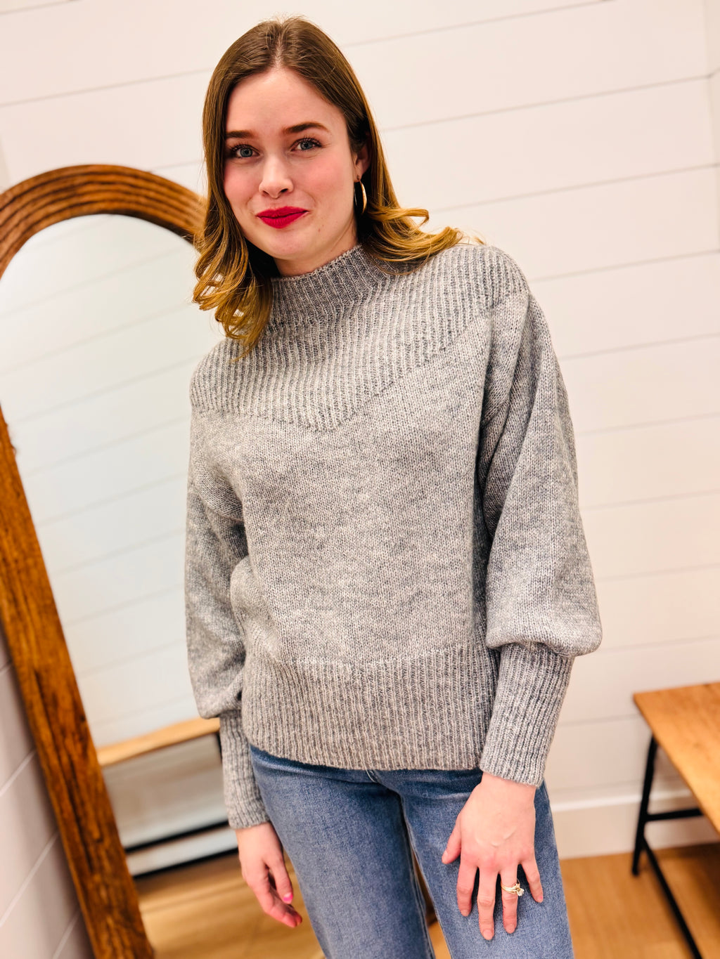 Balloon Sleeve Mock Neck Sweater