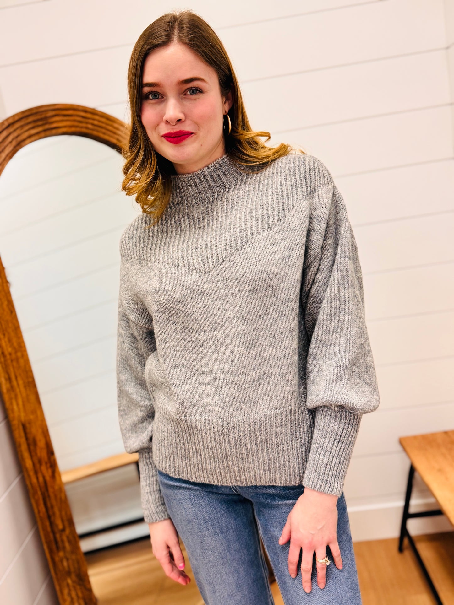 Balloon Sleeve Mock Neck Sweater