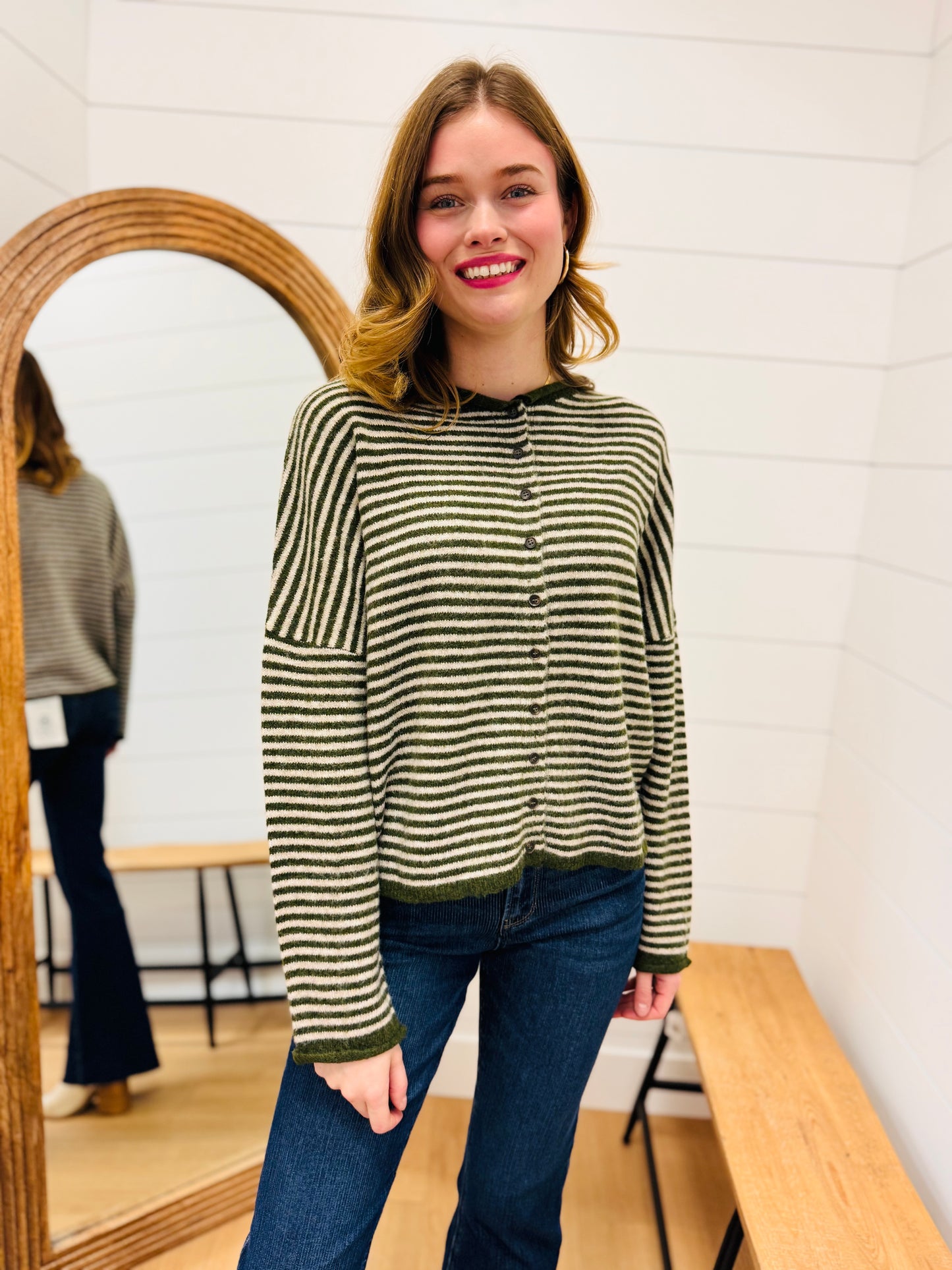 Stripe Raw Edge Drop Shoulder Knit Cardigan