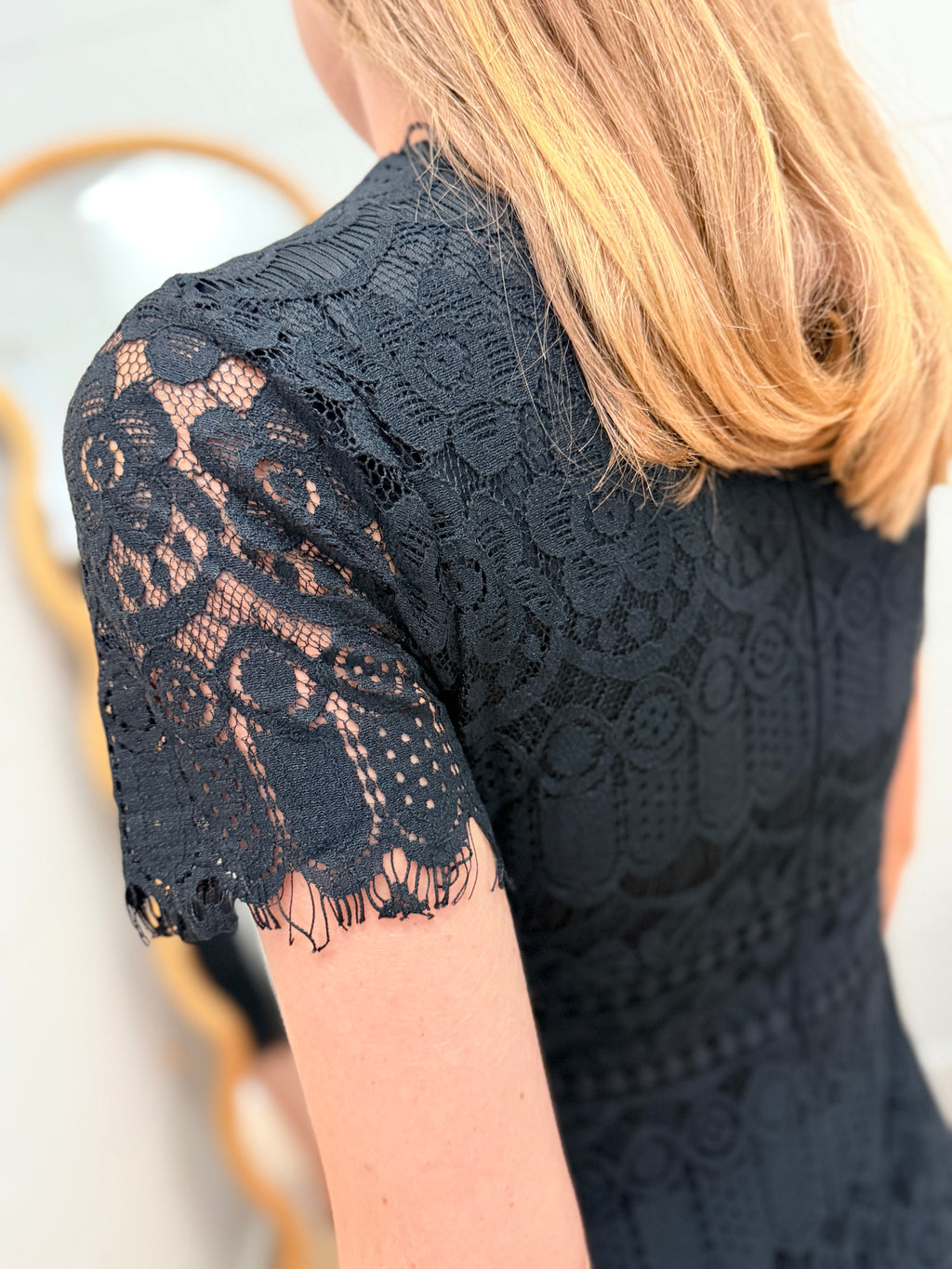 Lace Scalloped Short Sleeve Midi Dress