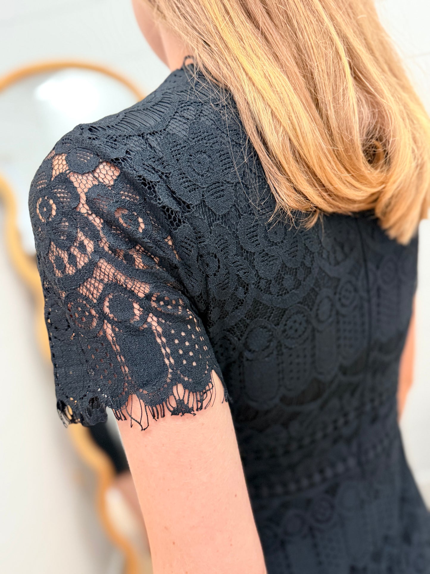 Lace Scalloped Short Sleeve Midi Dress