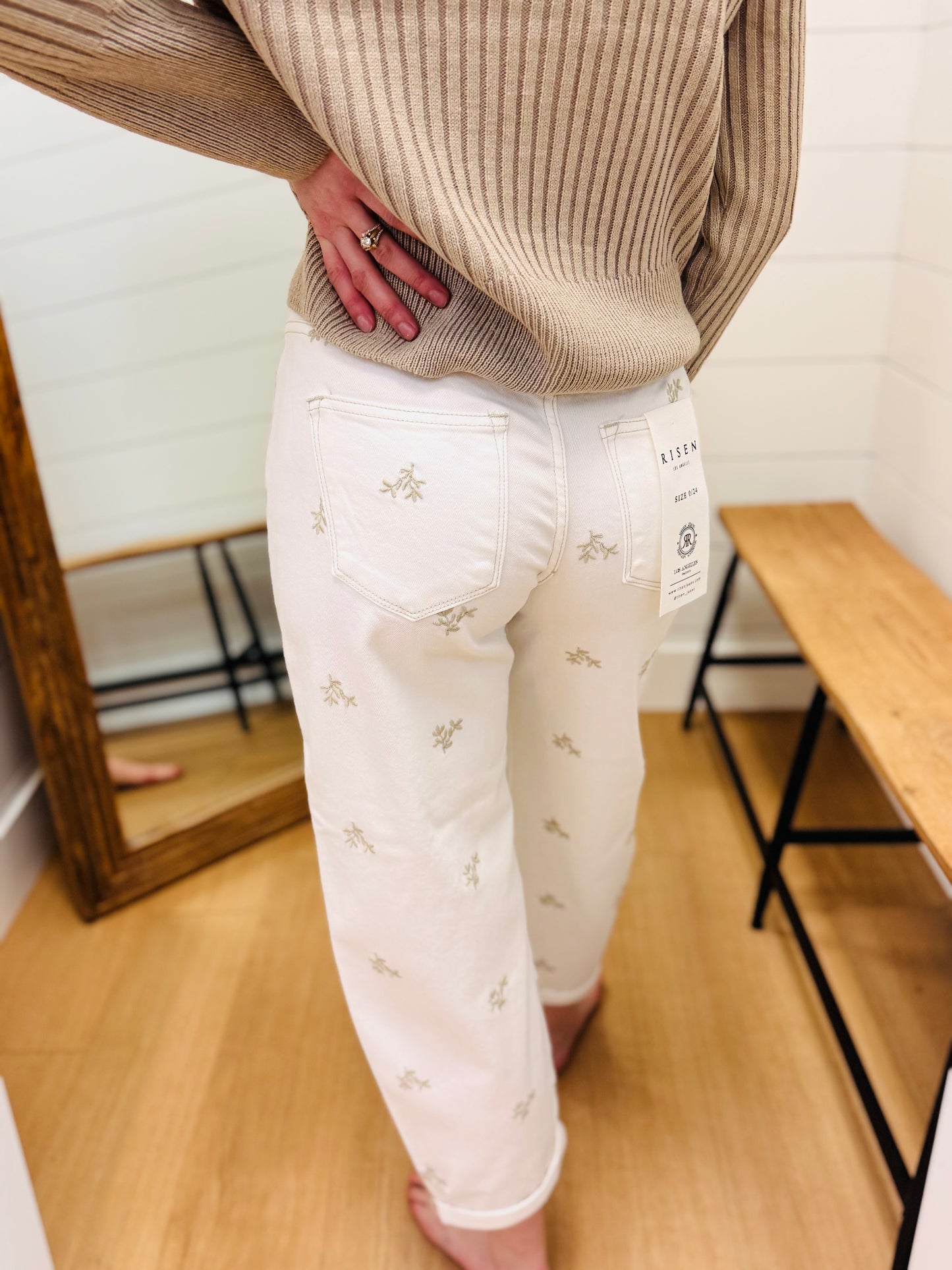 High Rise Leaf Embo Detailed Barrel Pants - Risen