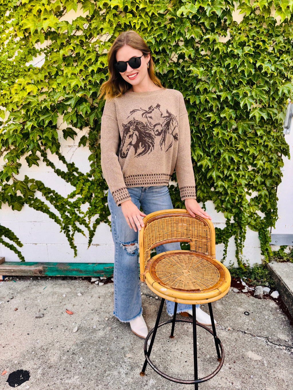 Horse Jacquard Long Sleeve Knit Sweater