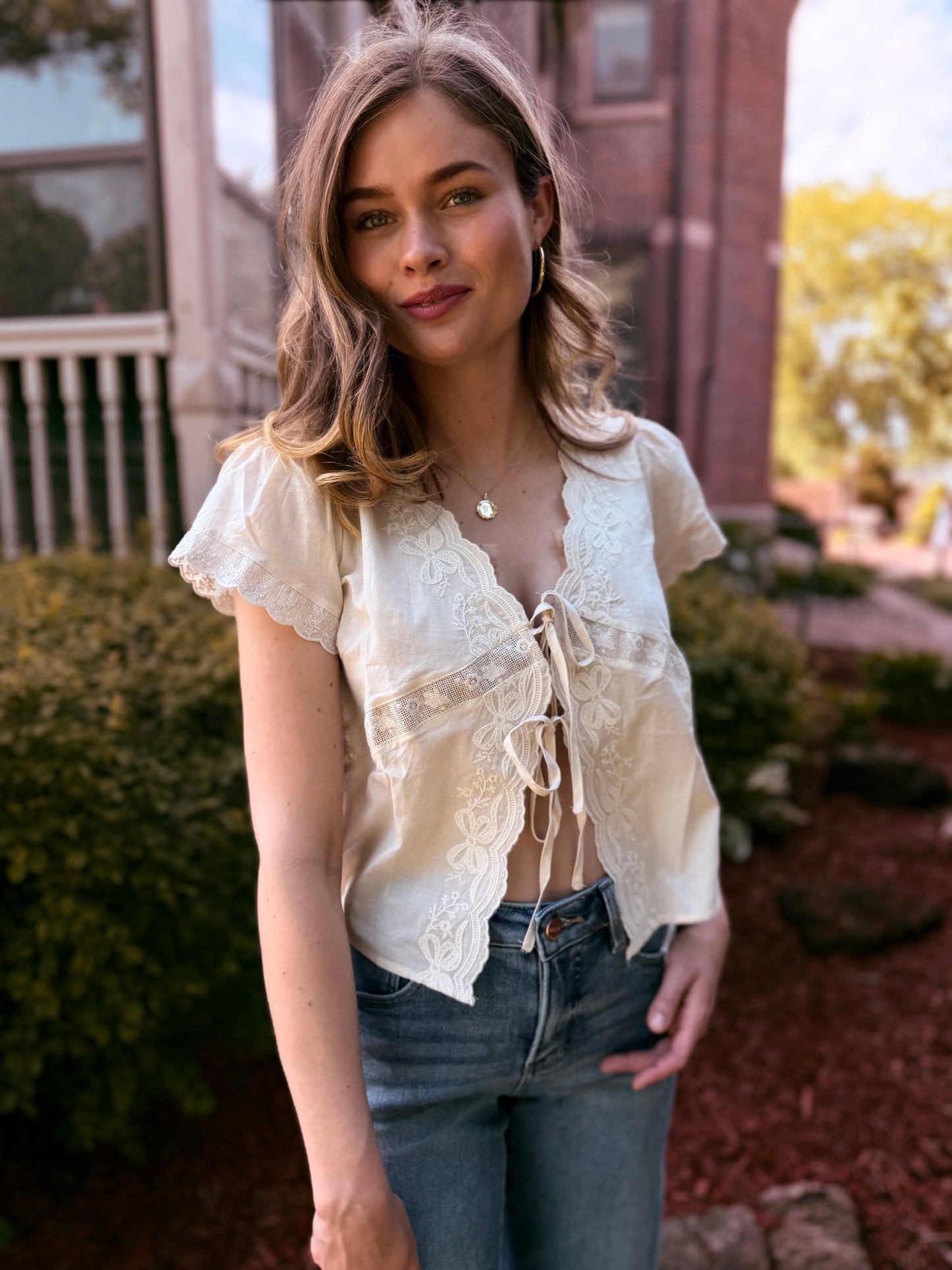 Scalloped Embroidered Front Tie Lace Trim Top