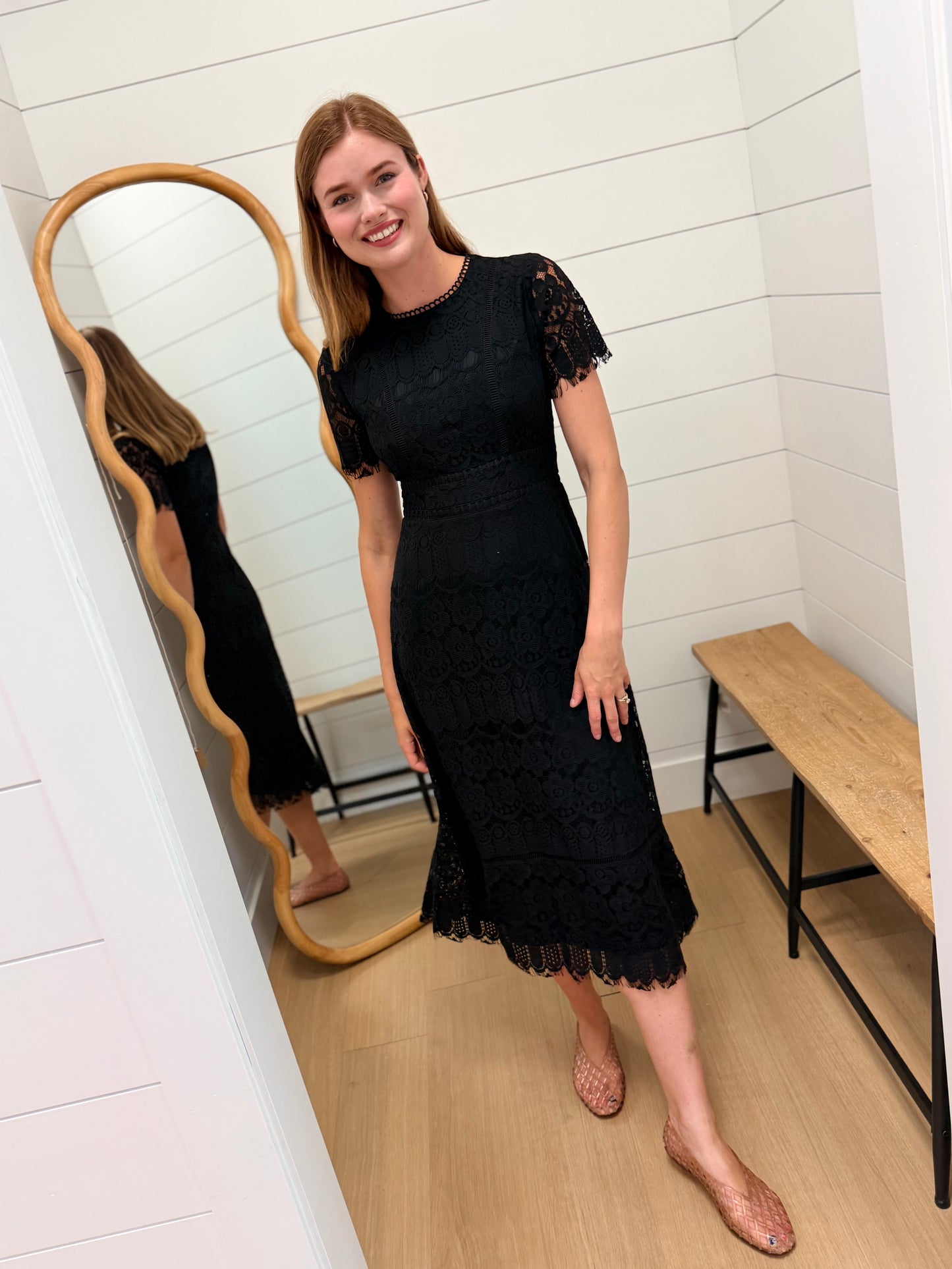 Lace Scalloped Short Sleeve Midi Dress