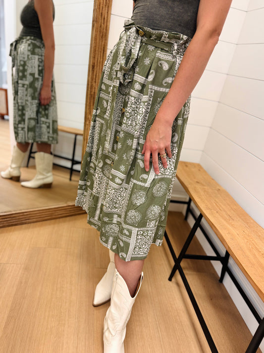 Olive Paisley Print Midi Skirt