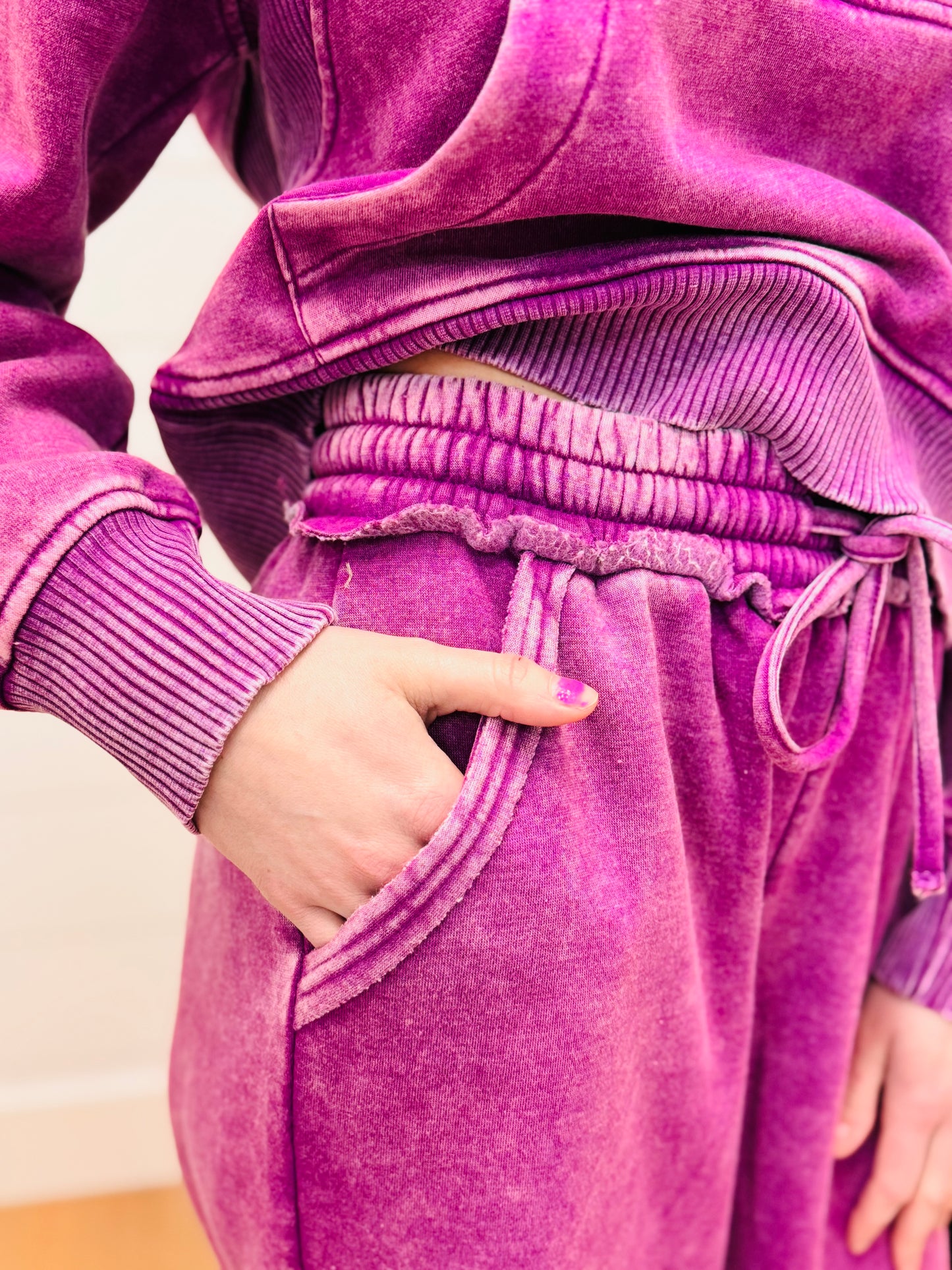 Vintage Wash Fleece Palazzo Sweatpants - Plum