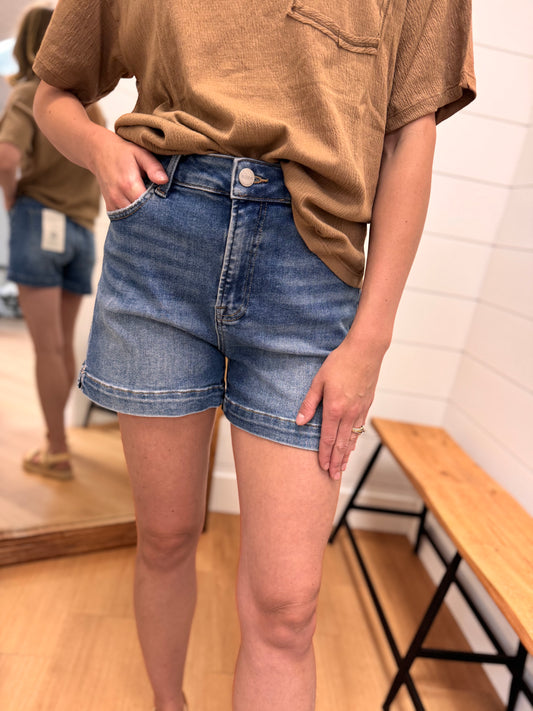 Medium Wash High Rise Shorts - Risen