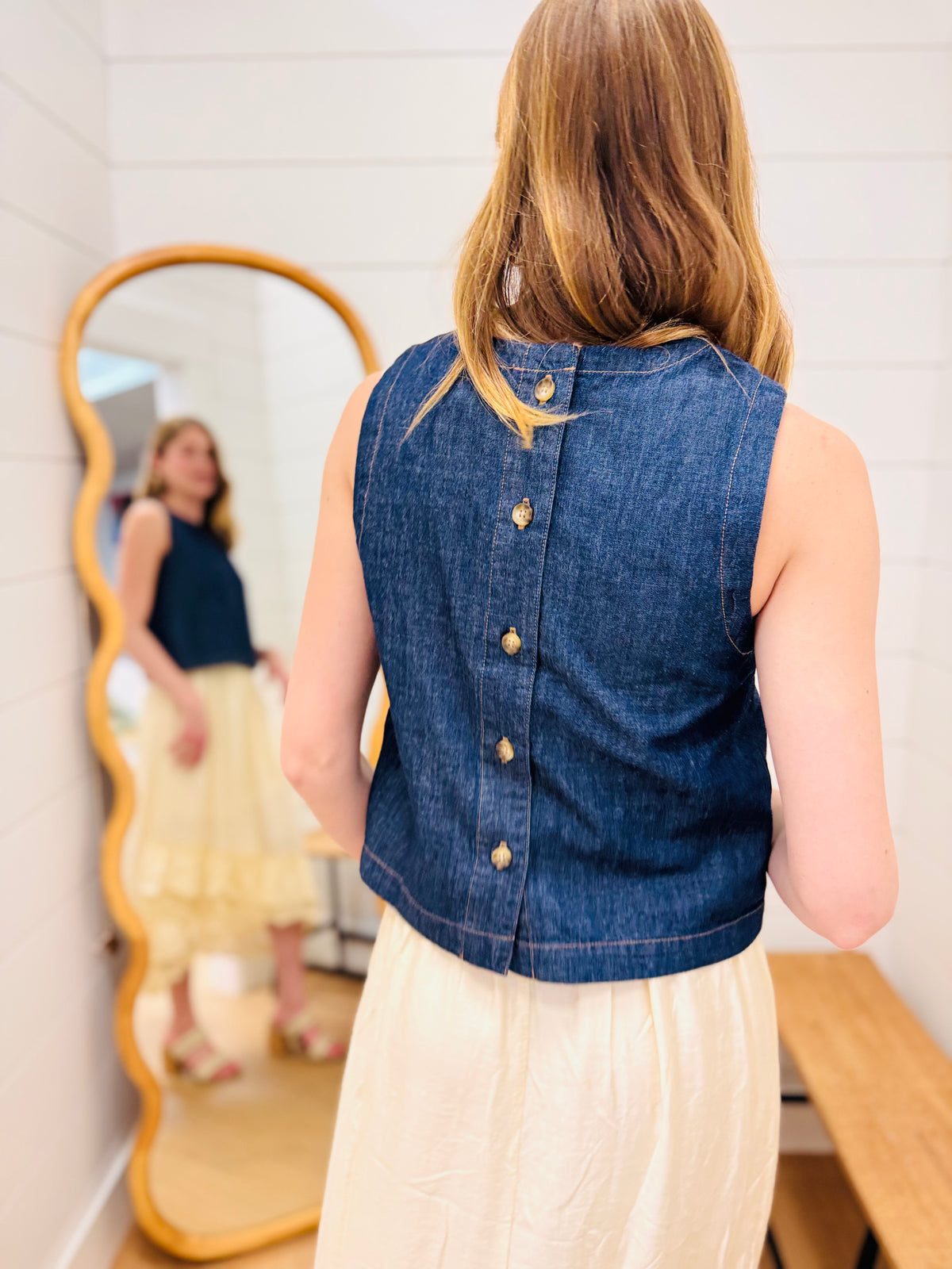 Back Button Denim Top