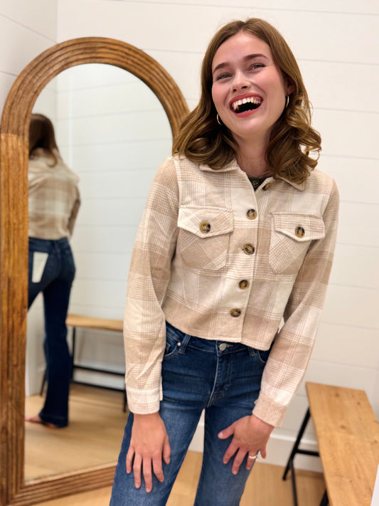 Cropped Casual Plaid flannel Jacket - Cream + Taupe