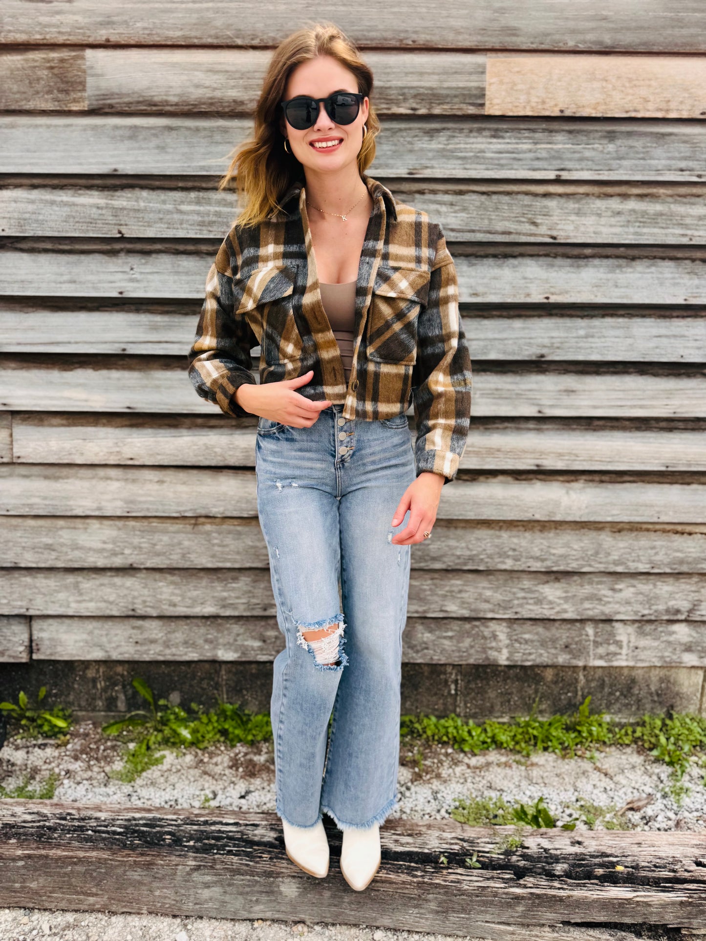 Button-down Short Plaid Shacket - Brown