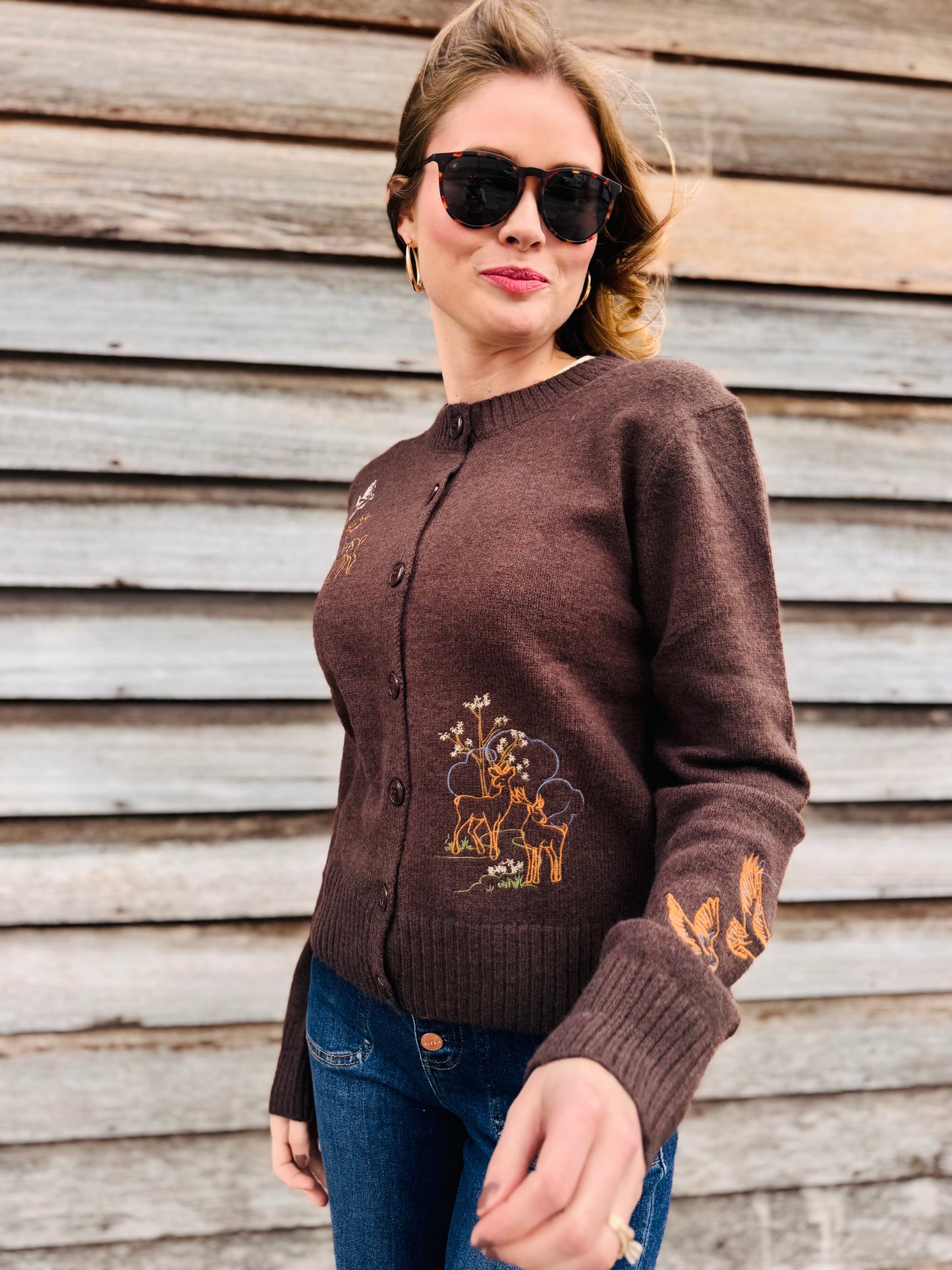 Animal Embroidery Detail Button Down Knit Cardigan