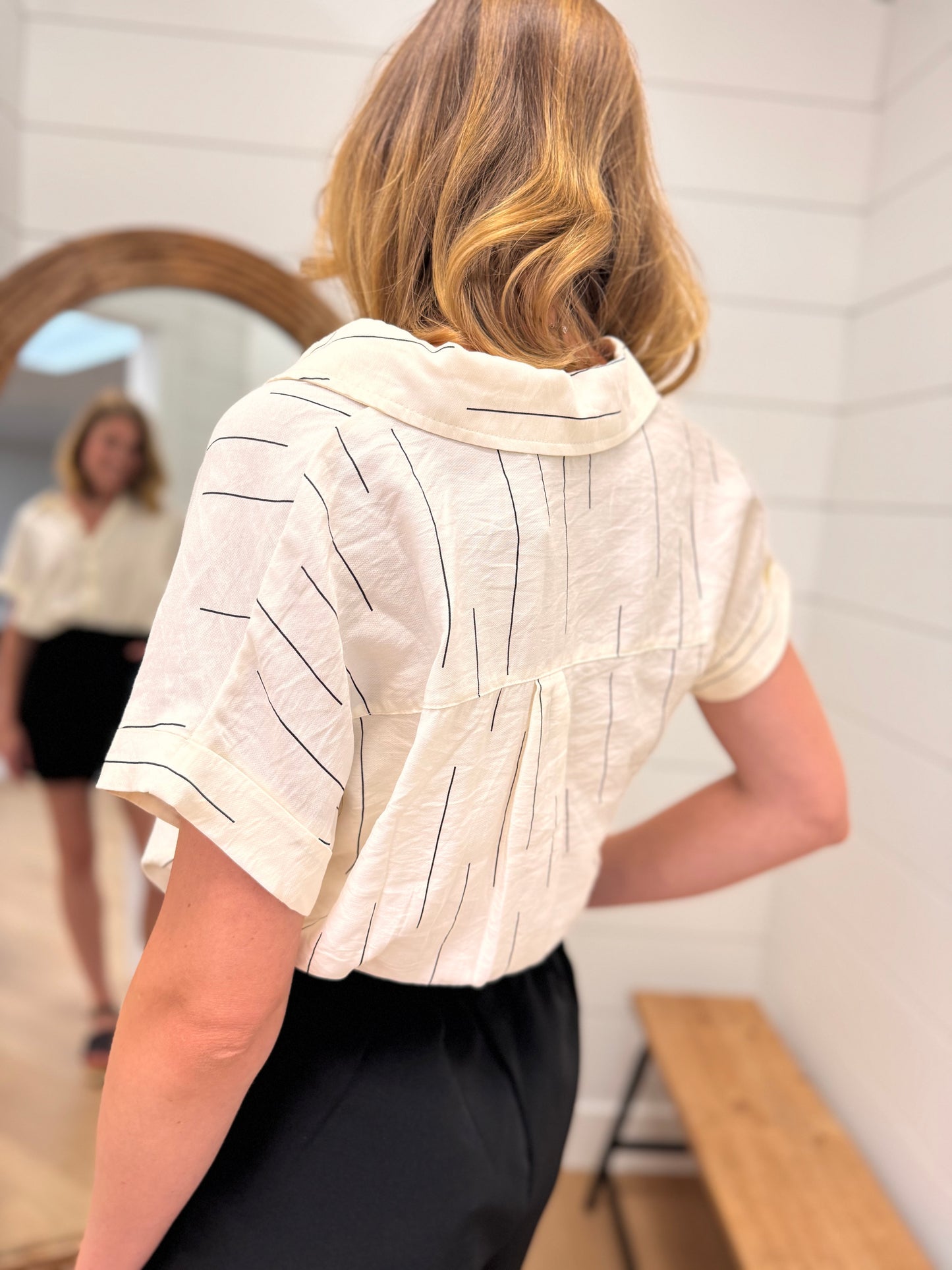 Fine Line Short Sleeve Button Down Shirt - Ivory