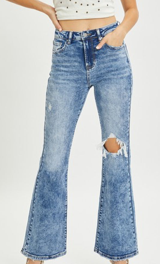 High Rise Knee Distressed Flare Jeans - Risen