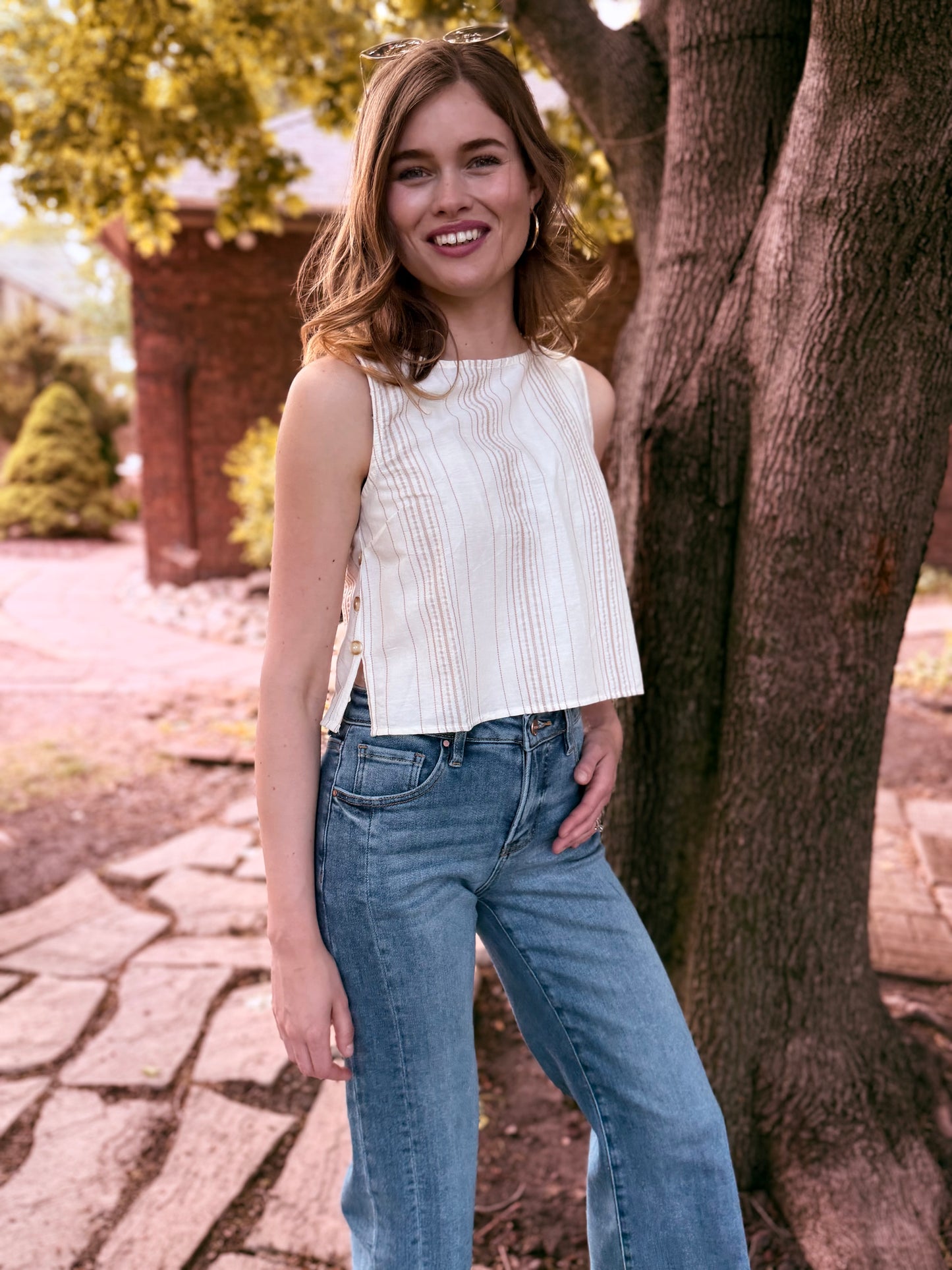 Stripe Sleeveless Side Button Detail Top