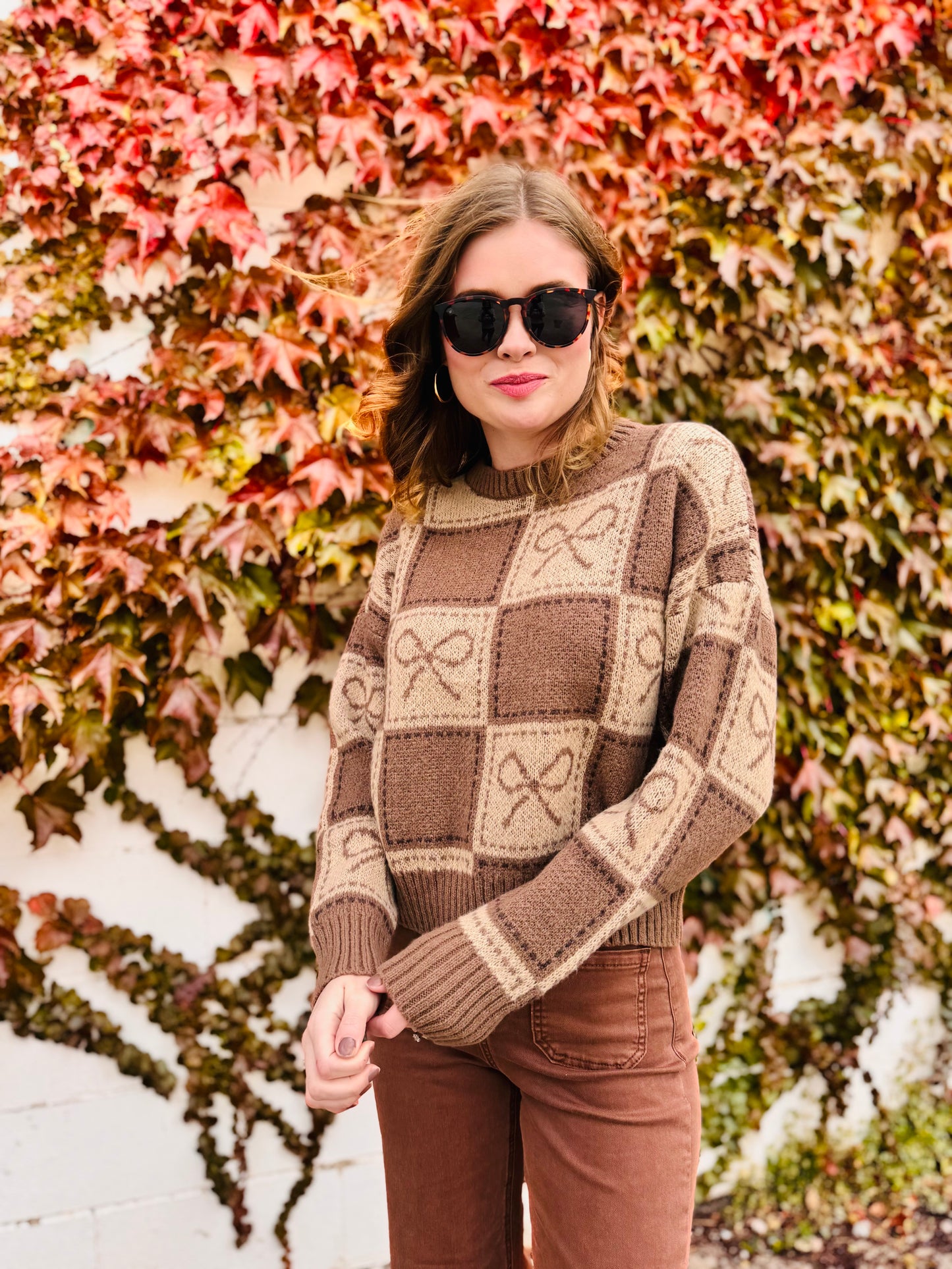 Checkered Bow Jacquard Crewneck Knit Sweater