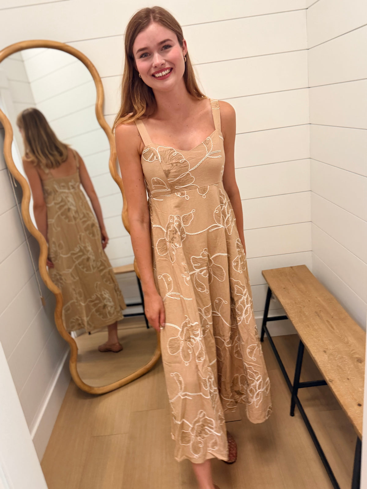Floral Embroidered Spaghetti Strap Midi Dress