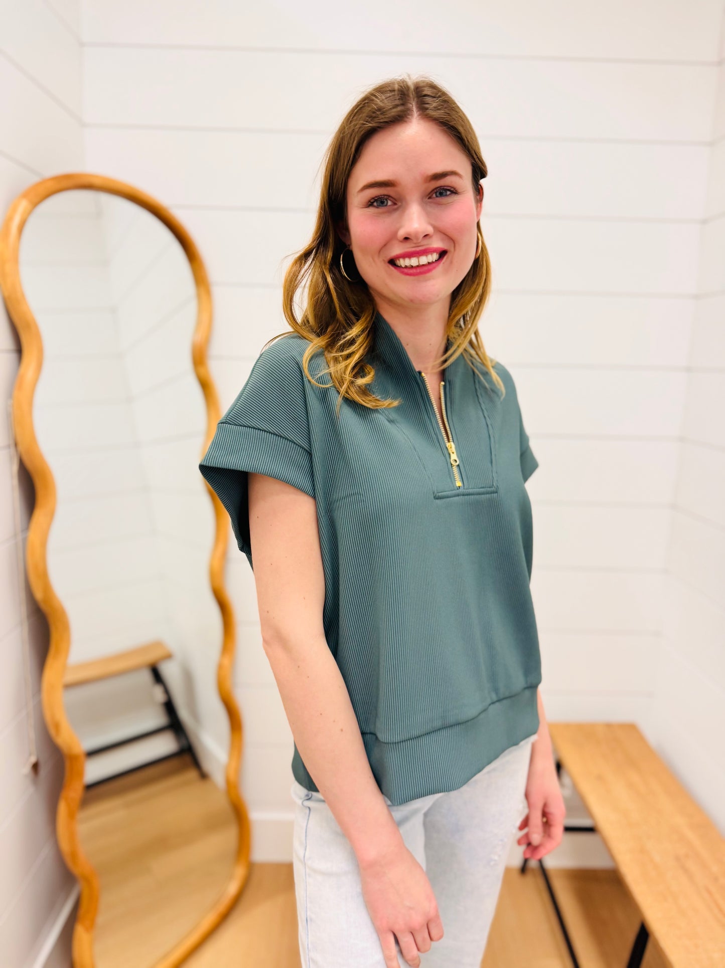 Half Zip Short Sleeve Top - Jade