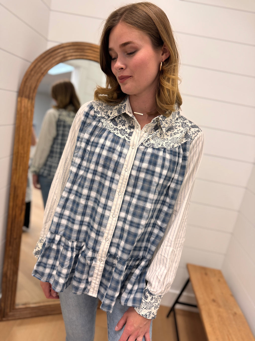 Mix Print Babydoll Button Down