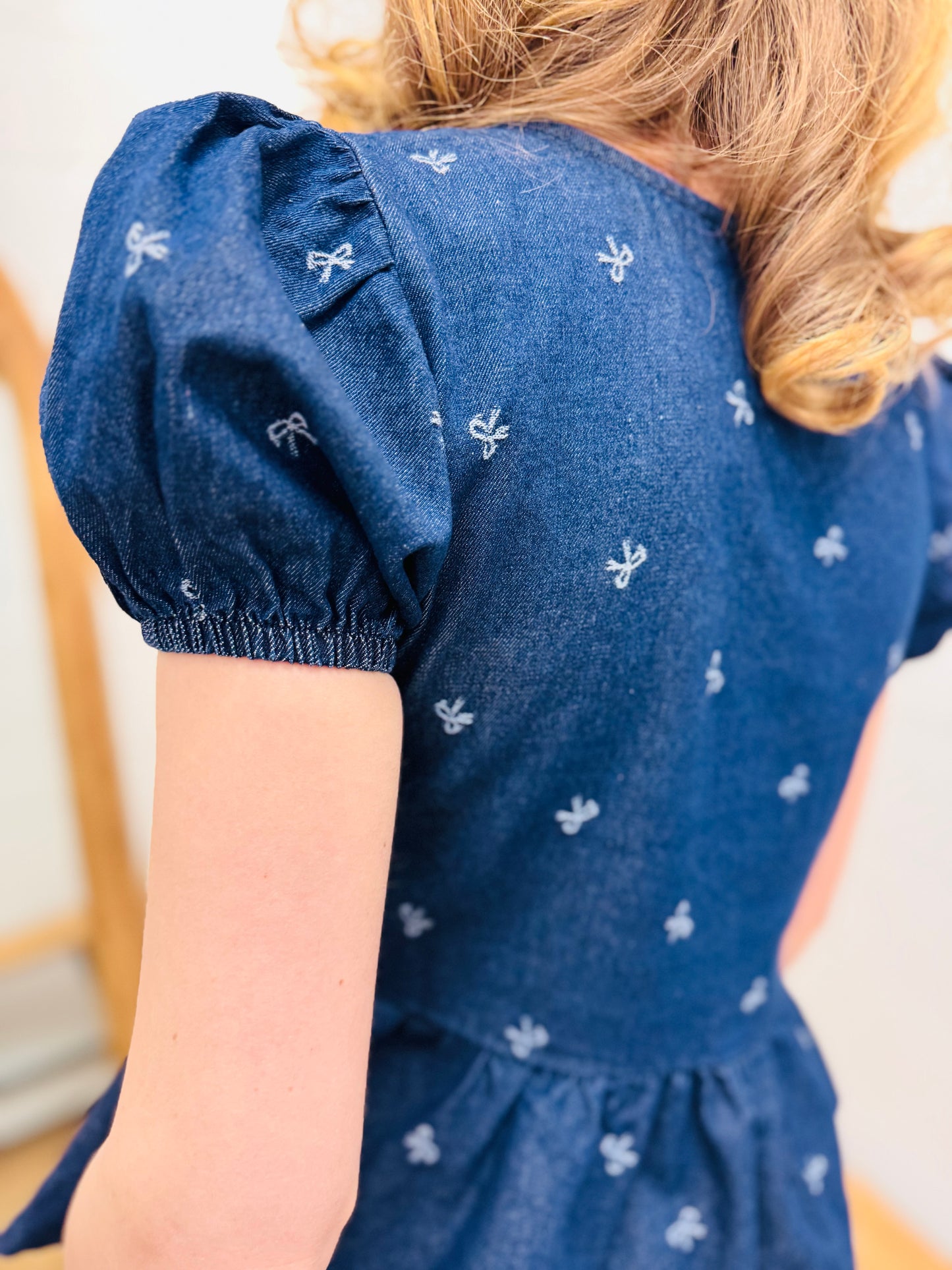 Denim Bow Print Puff + Ties Ruffle Hem Top