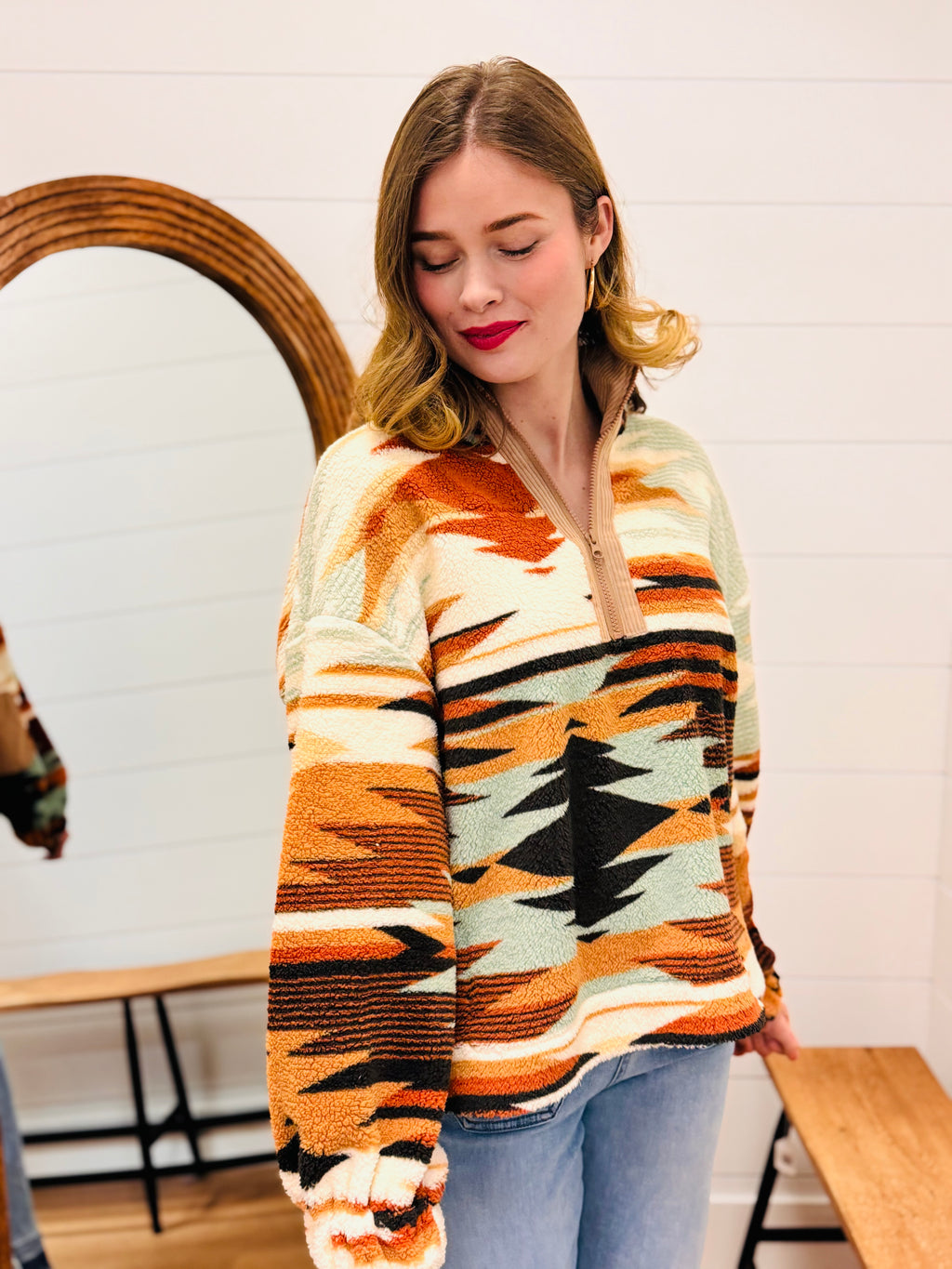 Half Zip Up Aztec Graphic Fleece Top