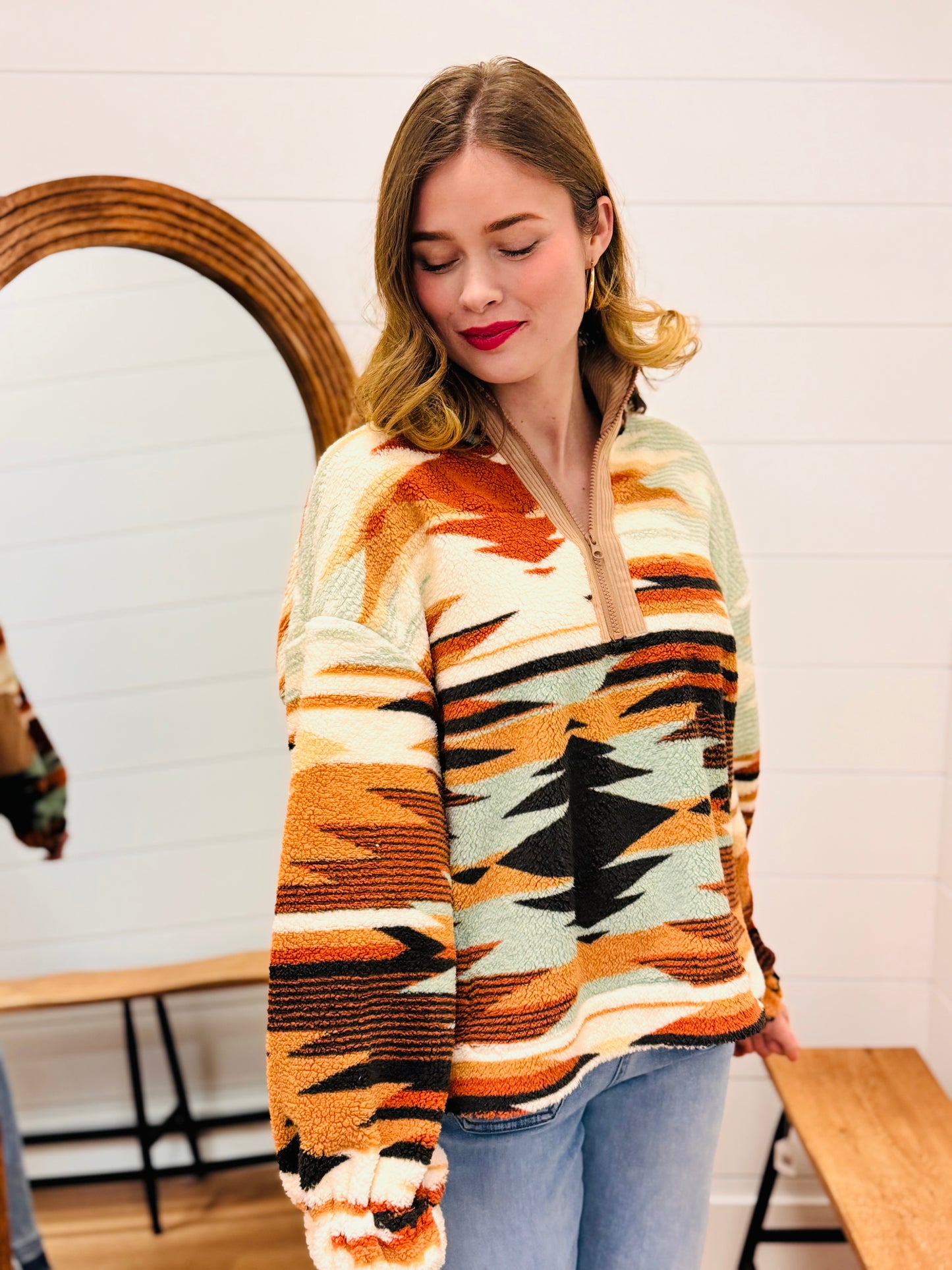 Half Zip Up Aztec Graphic Fleece Top
