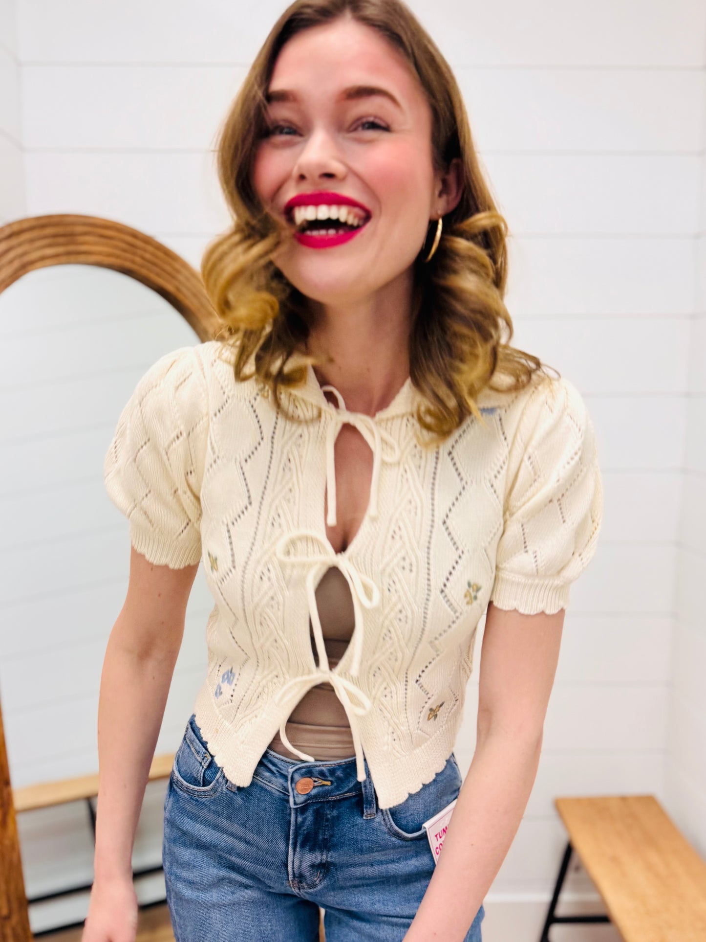 Floral Embroidery Crochet Knit Front Tie Sweater