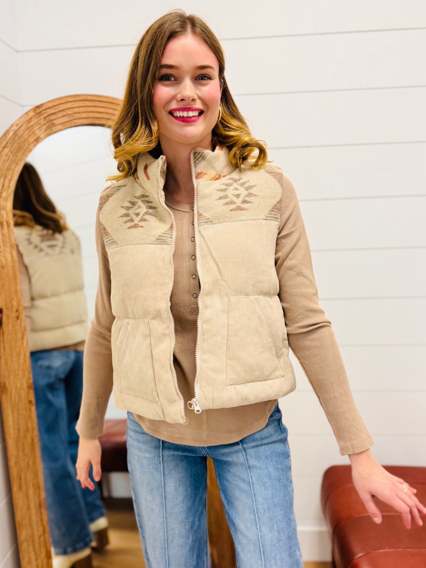 Aztec Graphic Corduroy Casual Puffer Vest