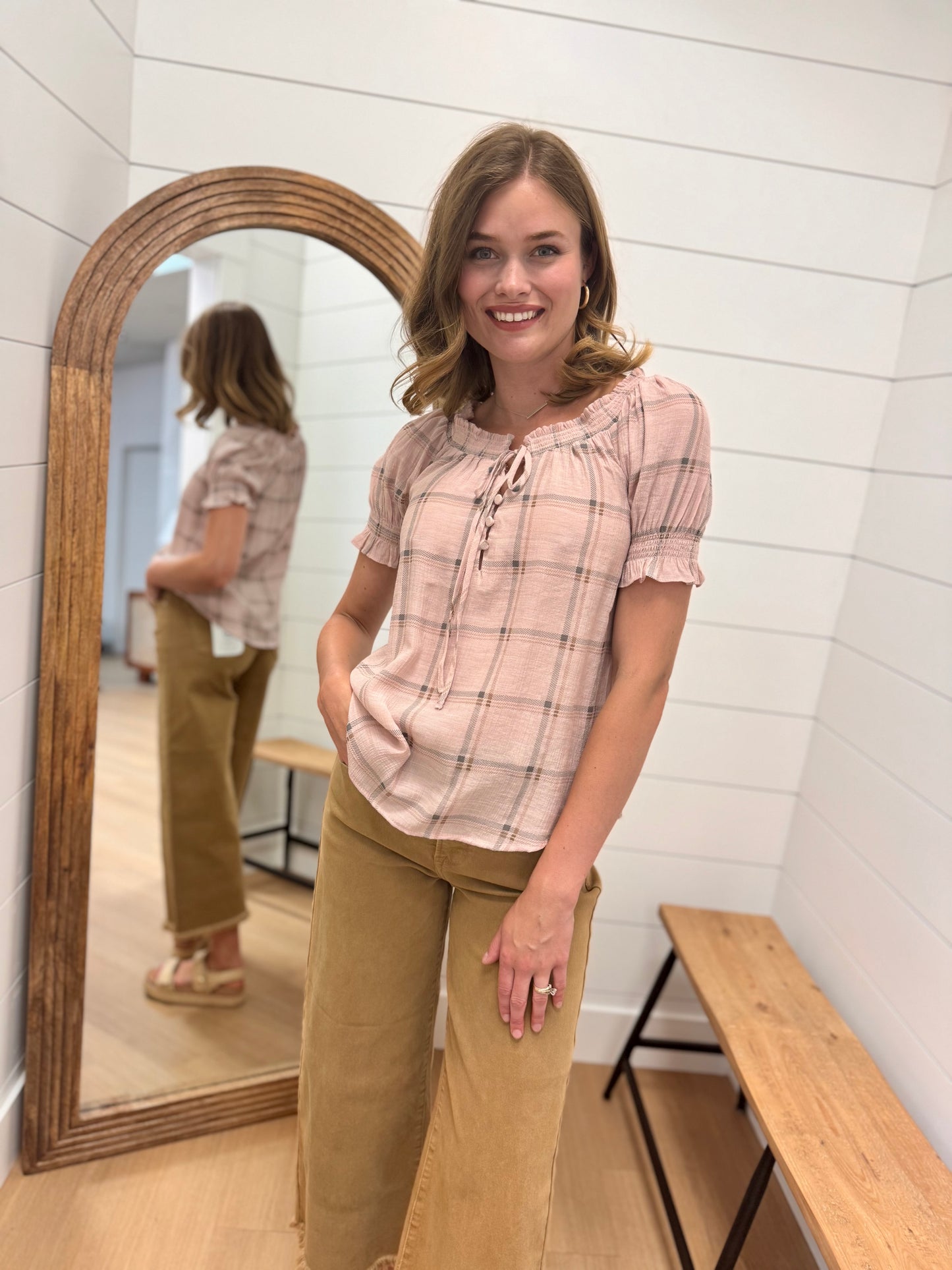 Plaid Split Tie Neck Top