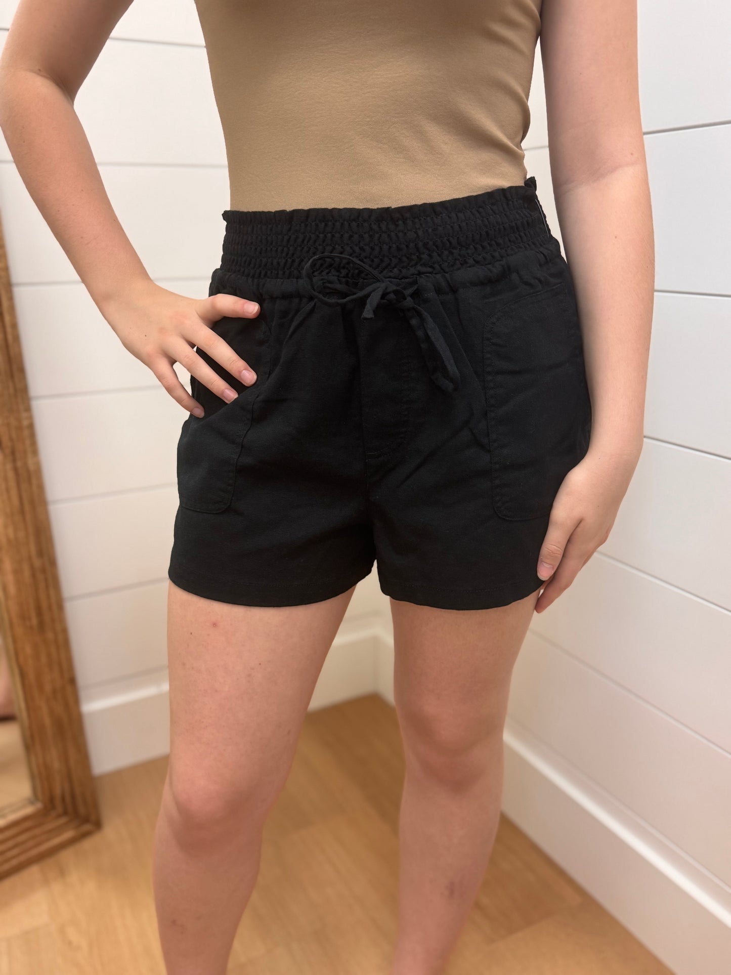 Black Elastic Waist Shorts