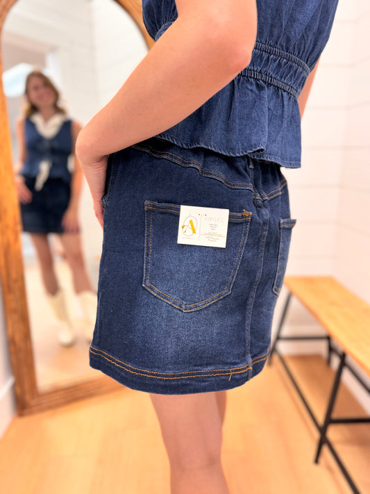 Dark Denim Mini Skirt with Elastic Waist