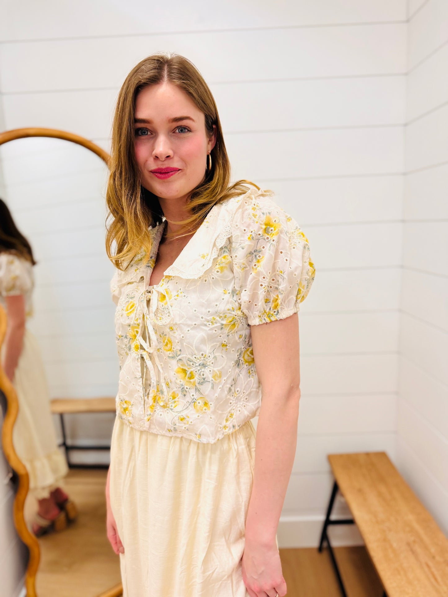 Floral Eyelet Pattern Collared Front Tie Blouse