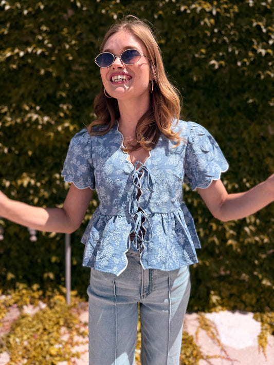 Floral Embroidery Front Tie Scalloped Peplum Top - Chambray