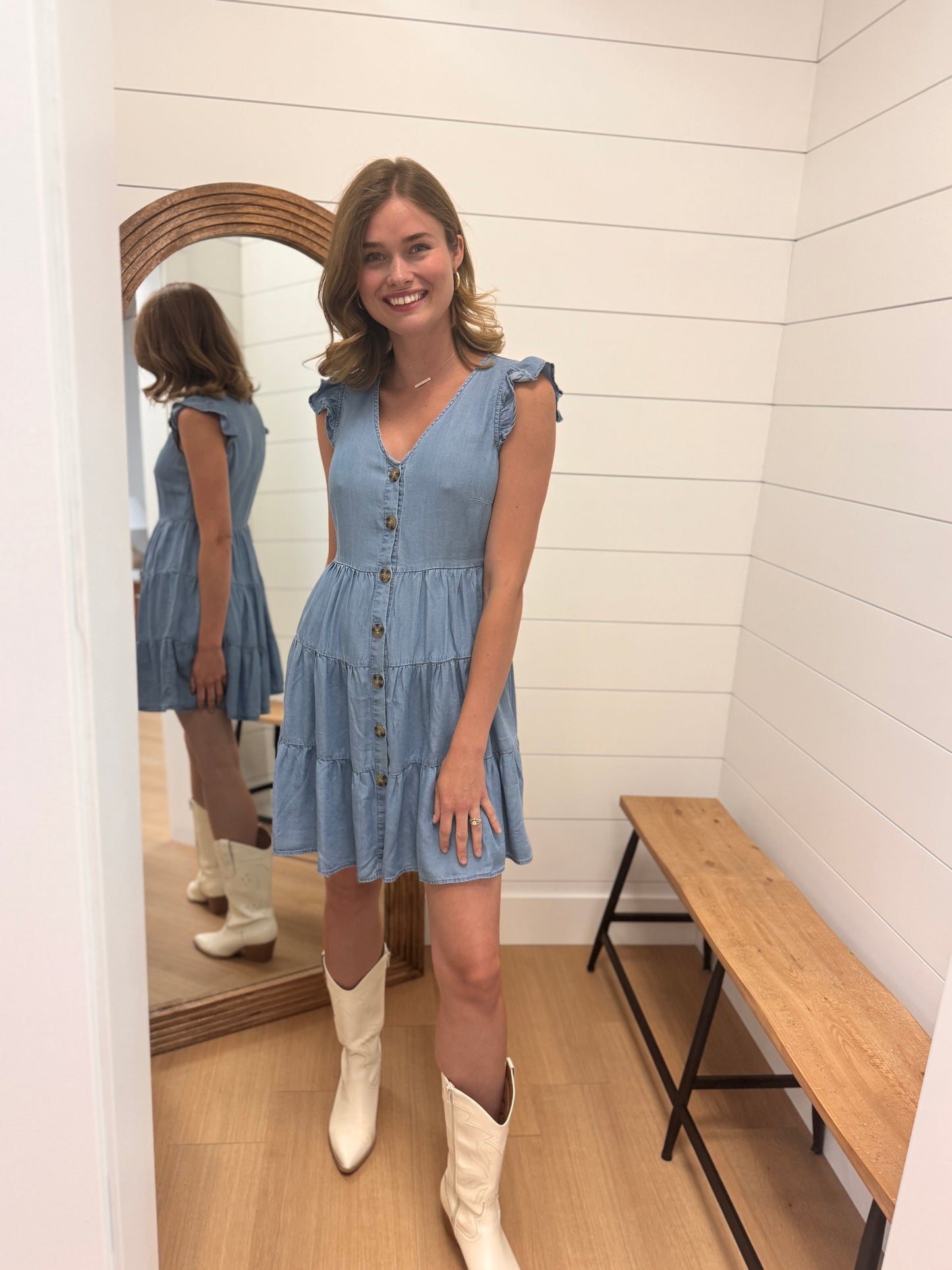 Chambray Tiered Dress with Ruffle Mini Sleeve