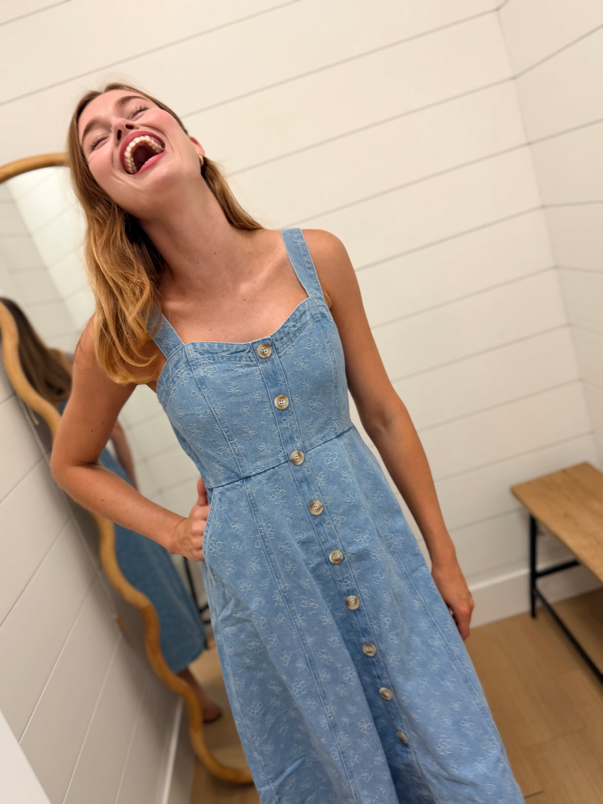 Floral Denim Jacquard Sweetheart Midi Dress