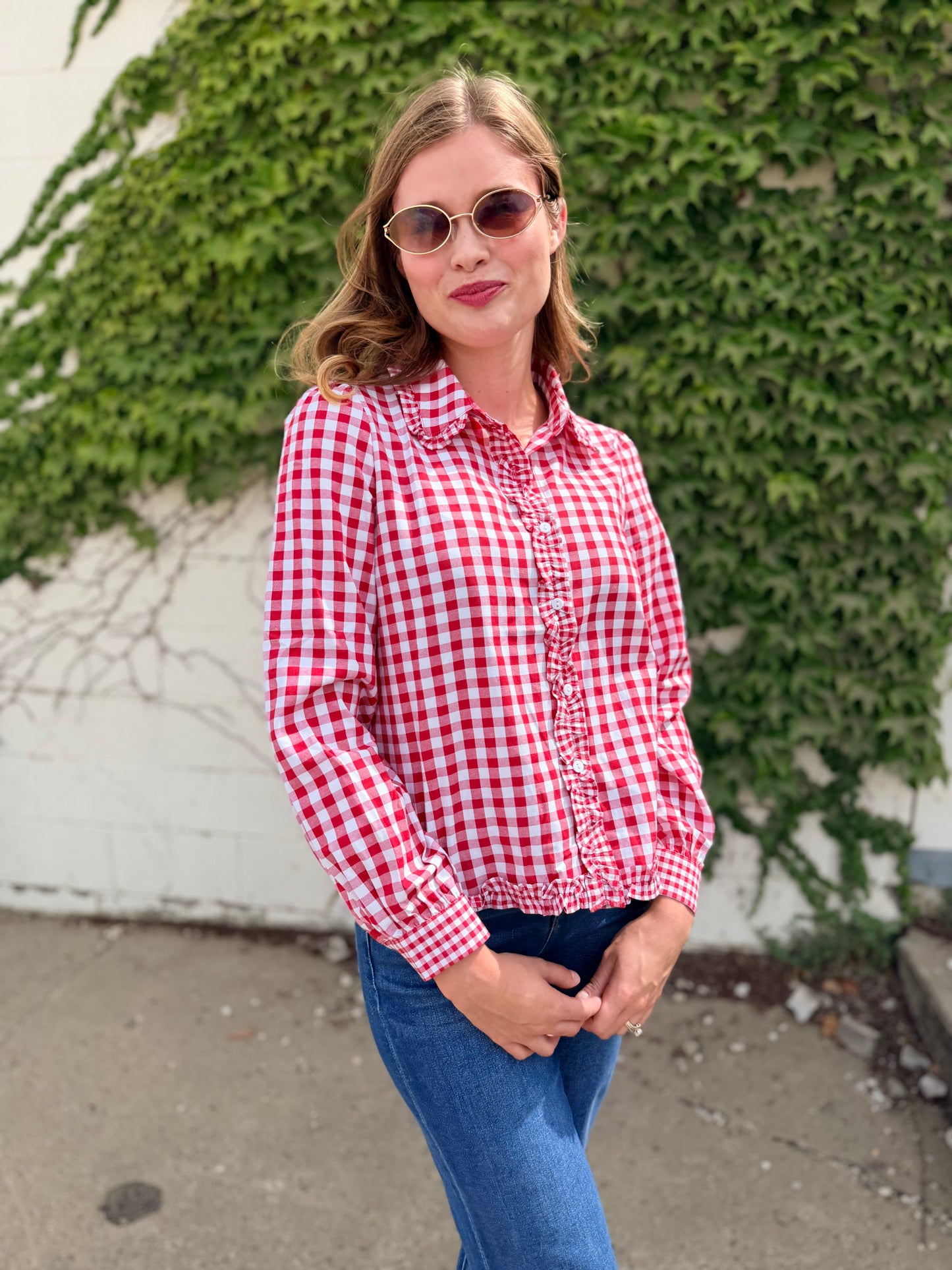 Gingham Frilled Button Down Long Sleeve Shirt