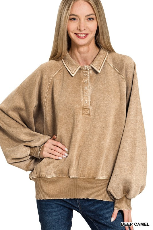Acid Wash Fleece Button Up Collared Pullover