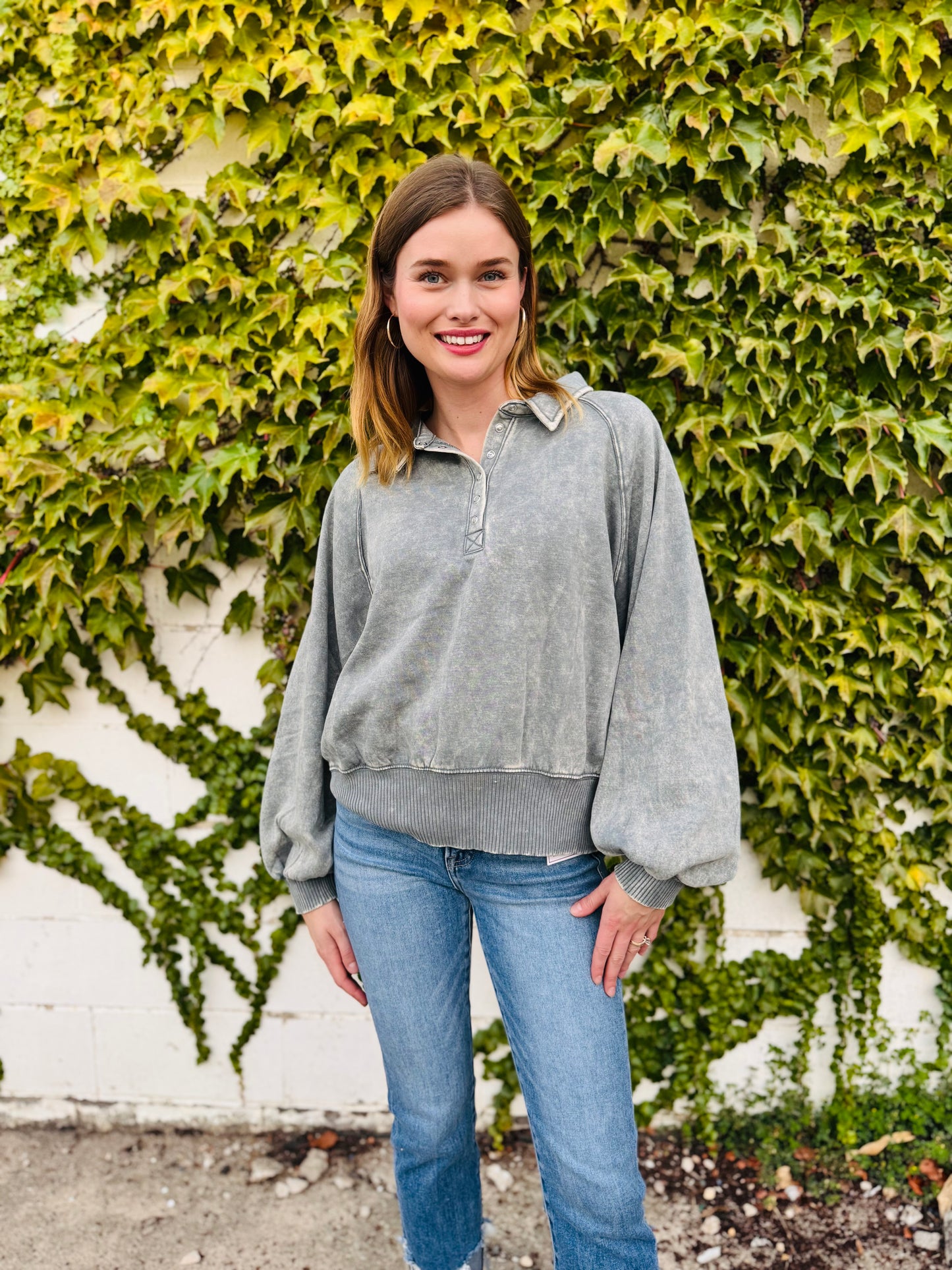 Acid Wash Fleece Button Up Collared Pullover