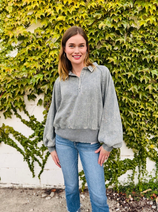 Acid Wash Fleece Button Up Collared Pullover
