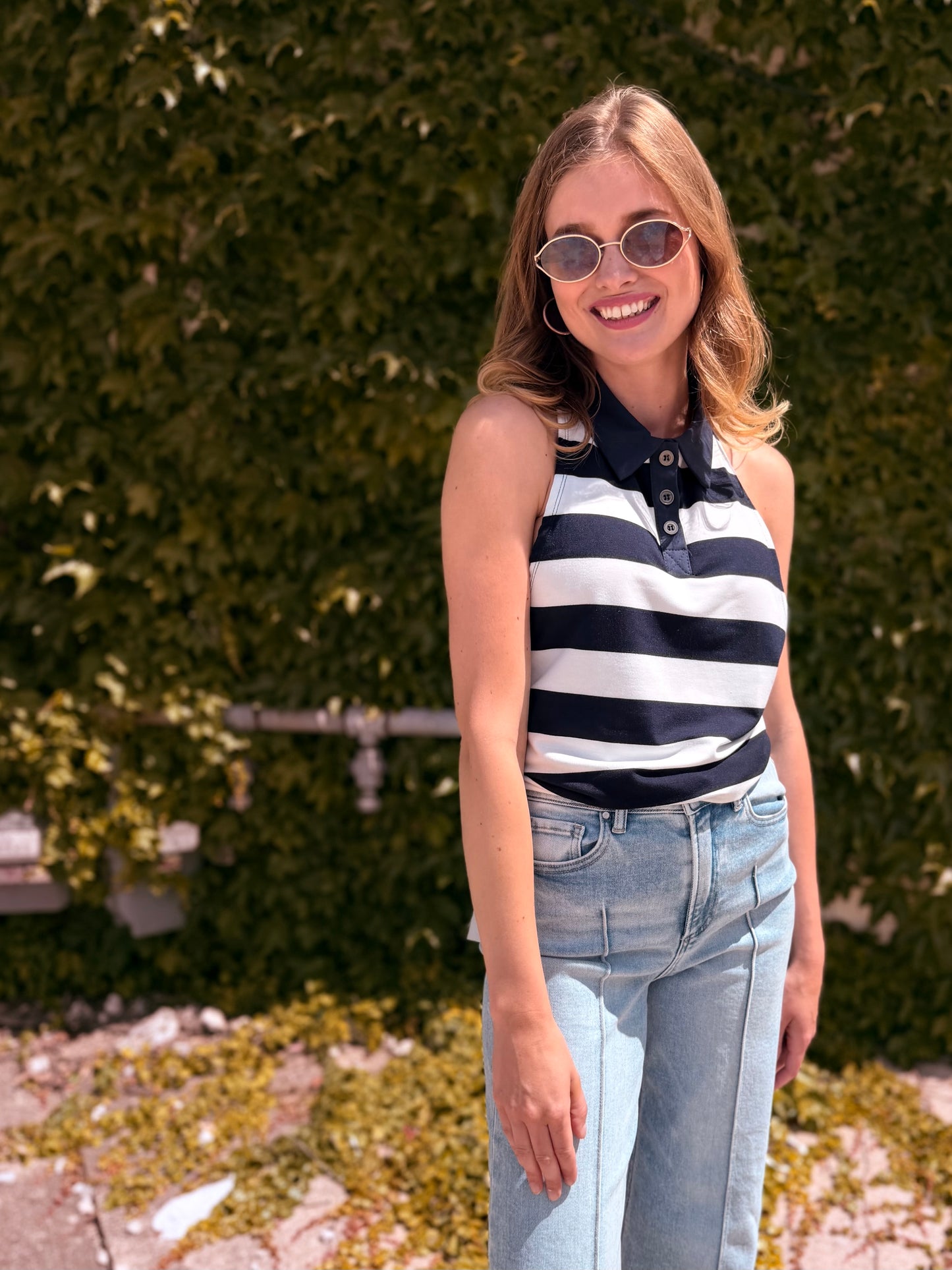 Striped Polo Neck Tank Top