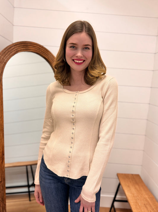 Button Down Fitted Knit Casual Top - Oatmeal