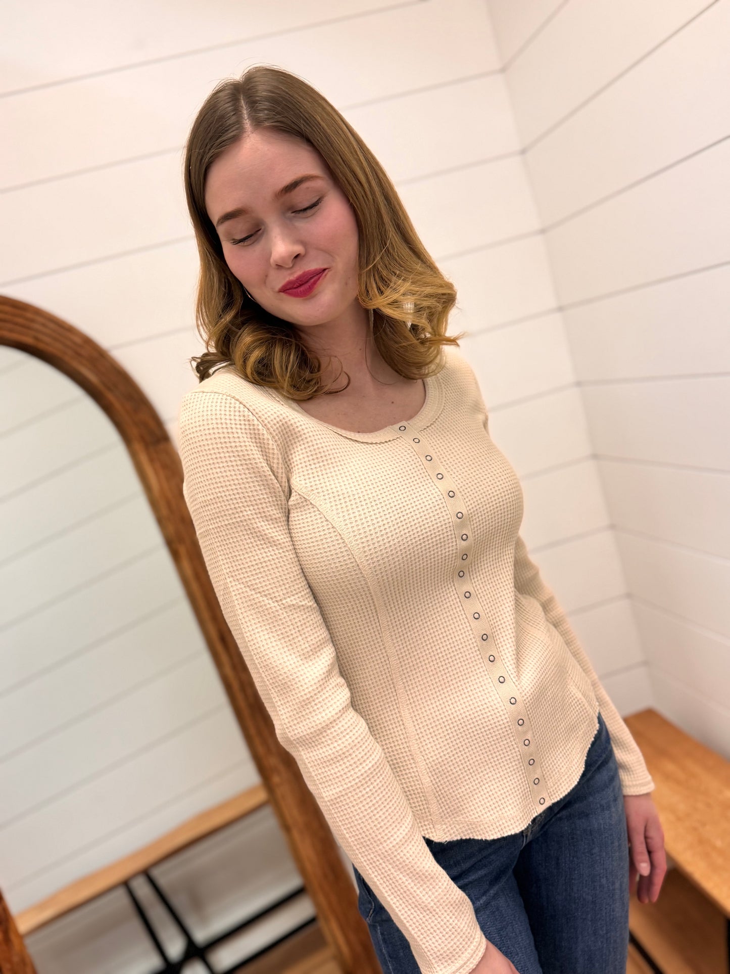 Button Down Fitted Knit Casual Top - Oatmeal